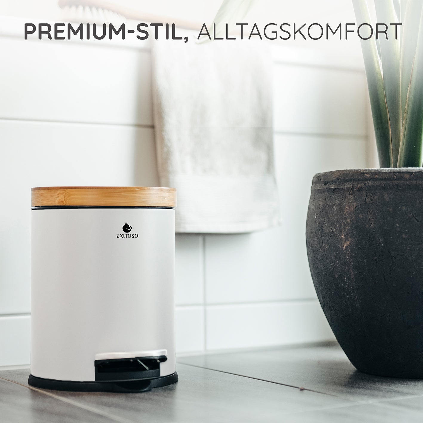 Tretmülleimer mit Softclose-Deckel - 5 l - Weiß mit Bambusdeckel, Softclose und rutschfestem Stand im modernen Badambiente.