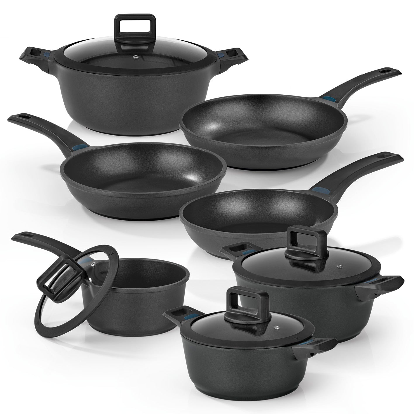 Aluguss-Topf- und Pfannen-Set - 11-teilig, robust, antihaftbeschichtet, inklusive Deckel, geeignet für alle Herdarten und Backofen bis 150 Grad.