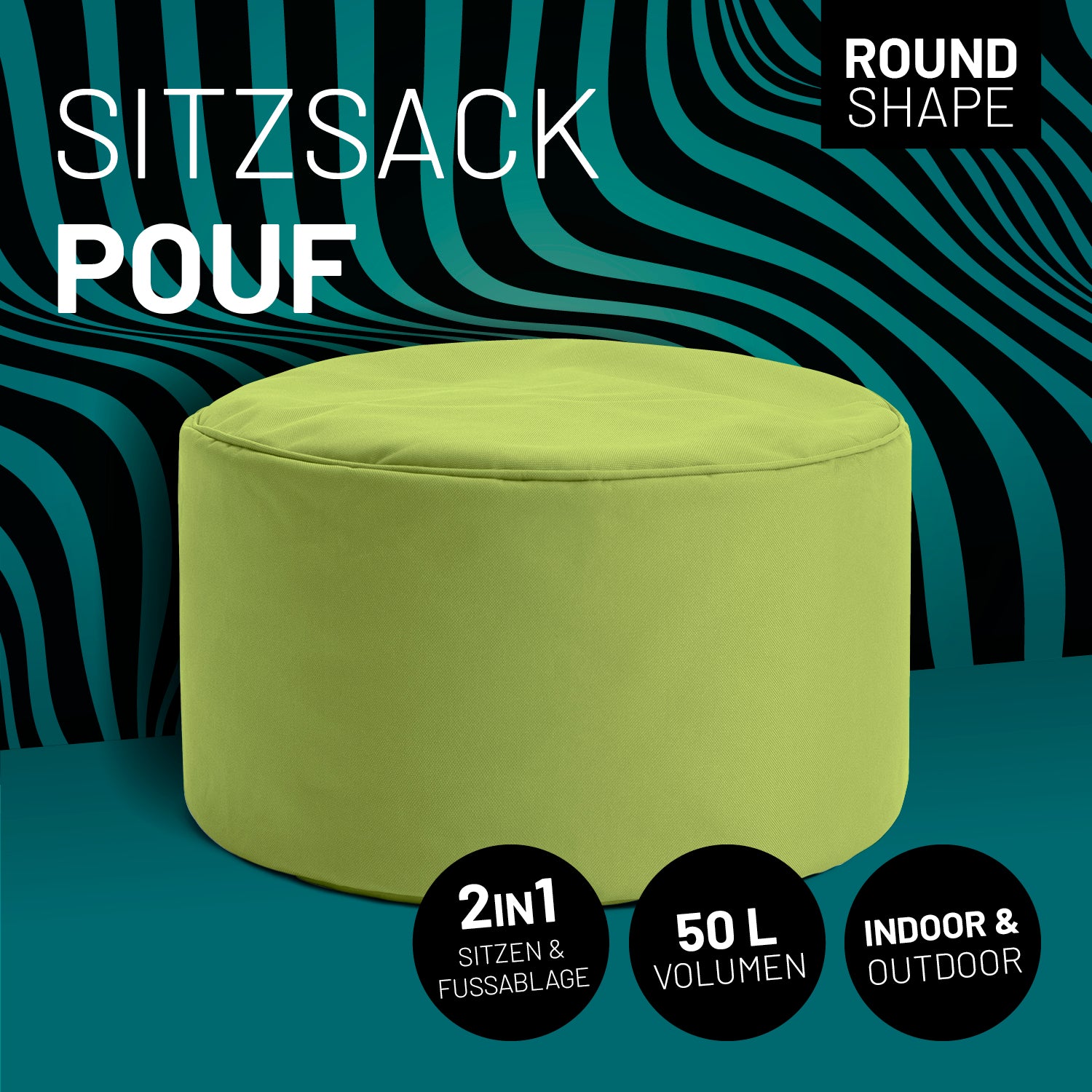 Sitzsack-Hocker/Pouf (50 L) in Grün, rund, multifunktional für Indoor & Outdoor, leicht, pflegeleicht und langlebig.