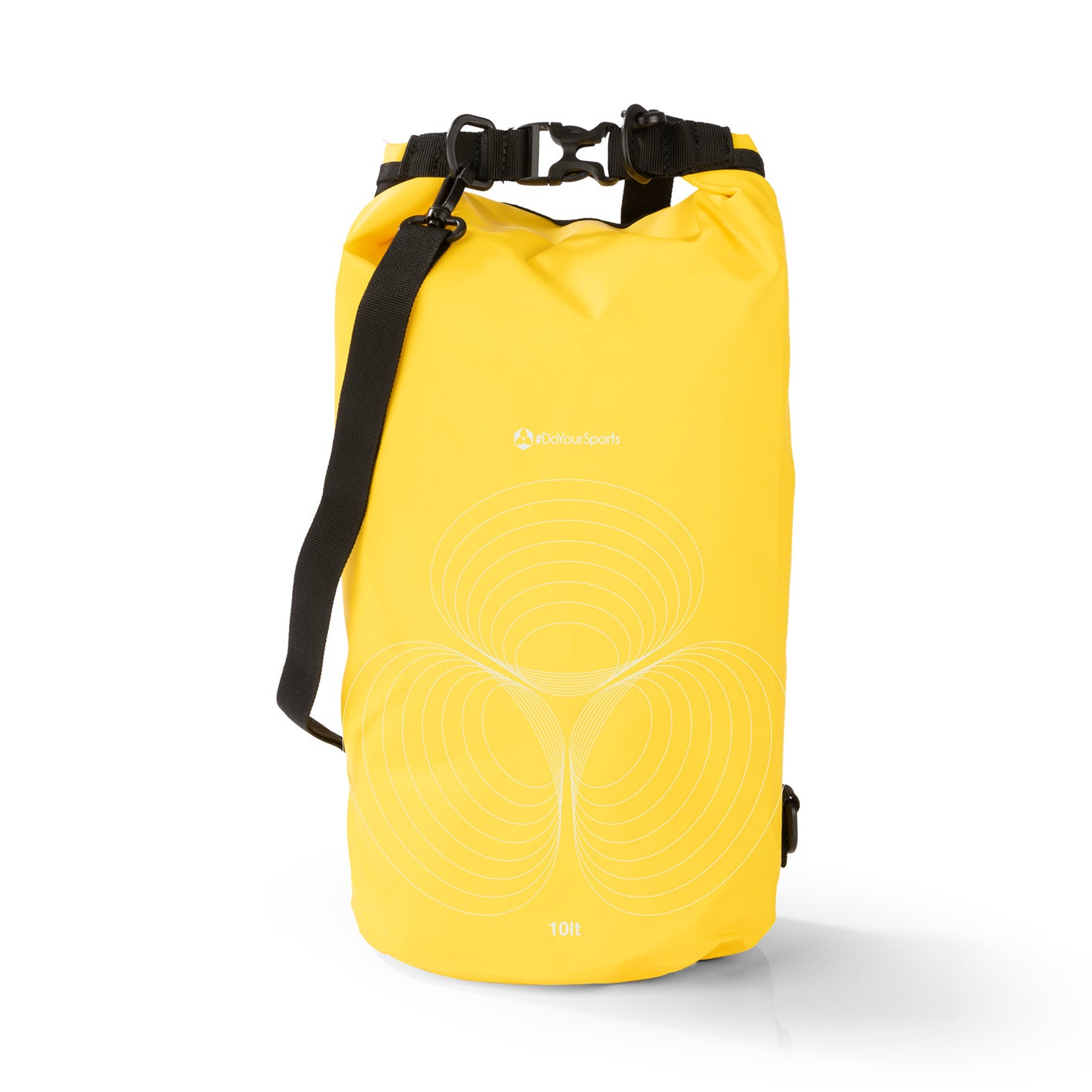 Dry Bag 10L - Gelb mit wasserdichtem Rolltop-Verschluss, verstellbarem Schultergurt und robustem Material für Outdoor-Abenteuer.