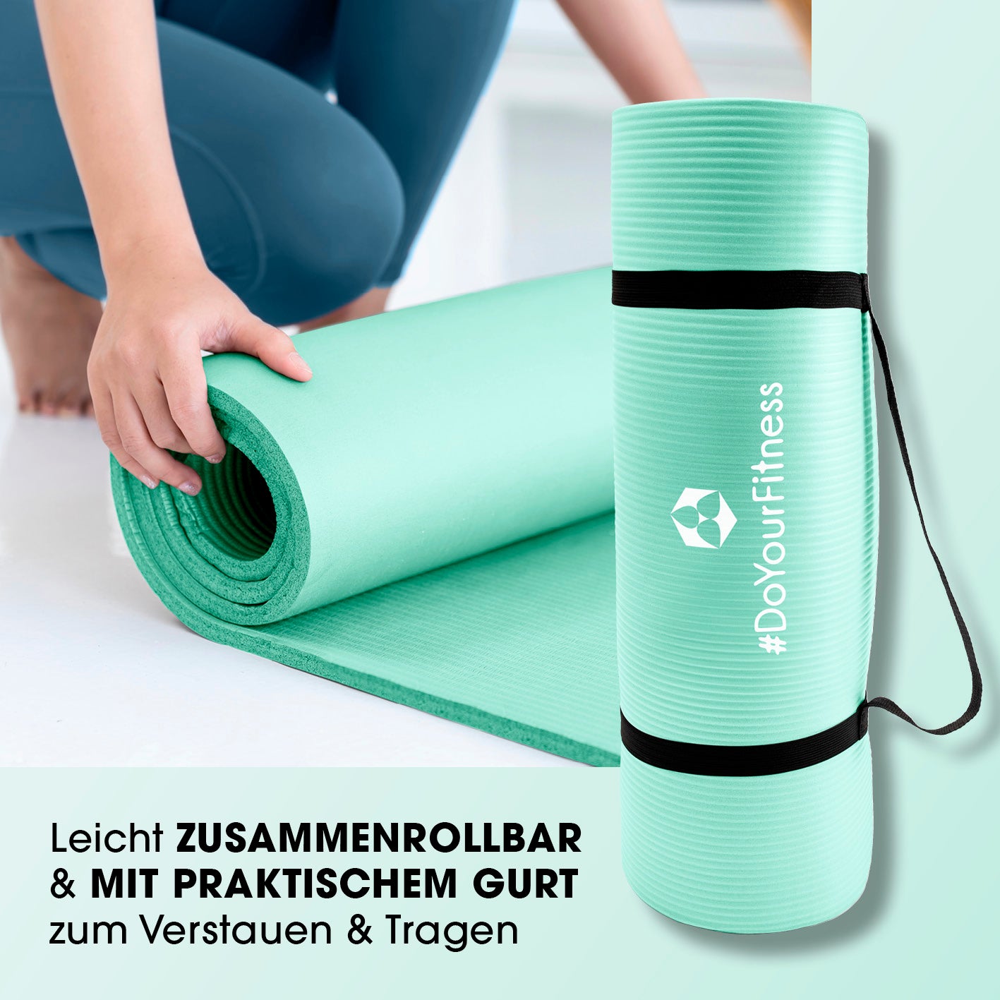 Fitness- und Gymnastikmatte - 183 x 61 x 1,5 cm - Türkis, rutschfest, leicht zusammenrollbar mit praktischem Tragegurt für Innen- und Außenbereich.