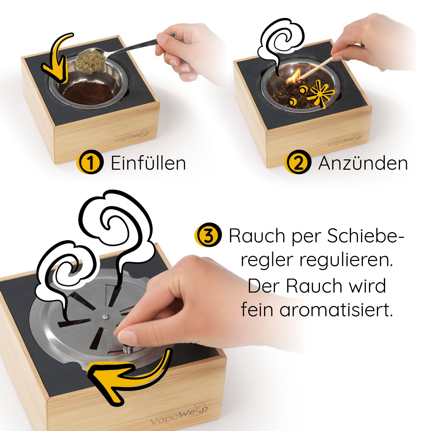 Räucherbox inkl. Orange & Rosemary, Lemon & Basil, Hay Flowers & Thyme zum Aromatisieren und Wespen fernhalten mit Rauchregulierung.