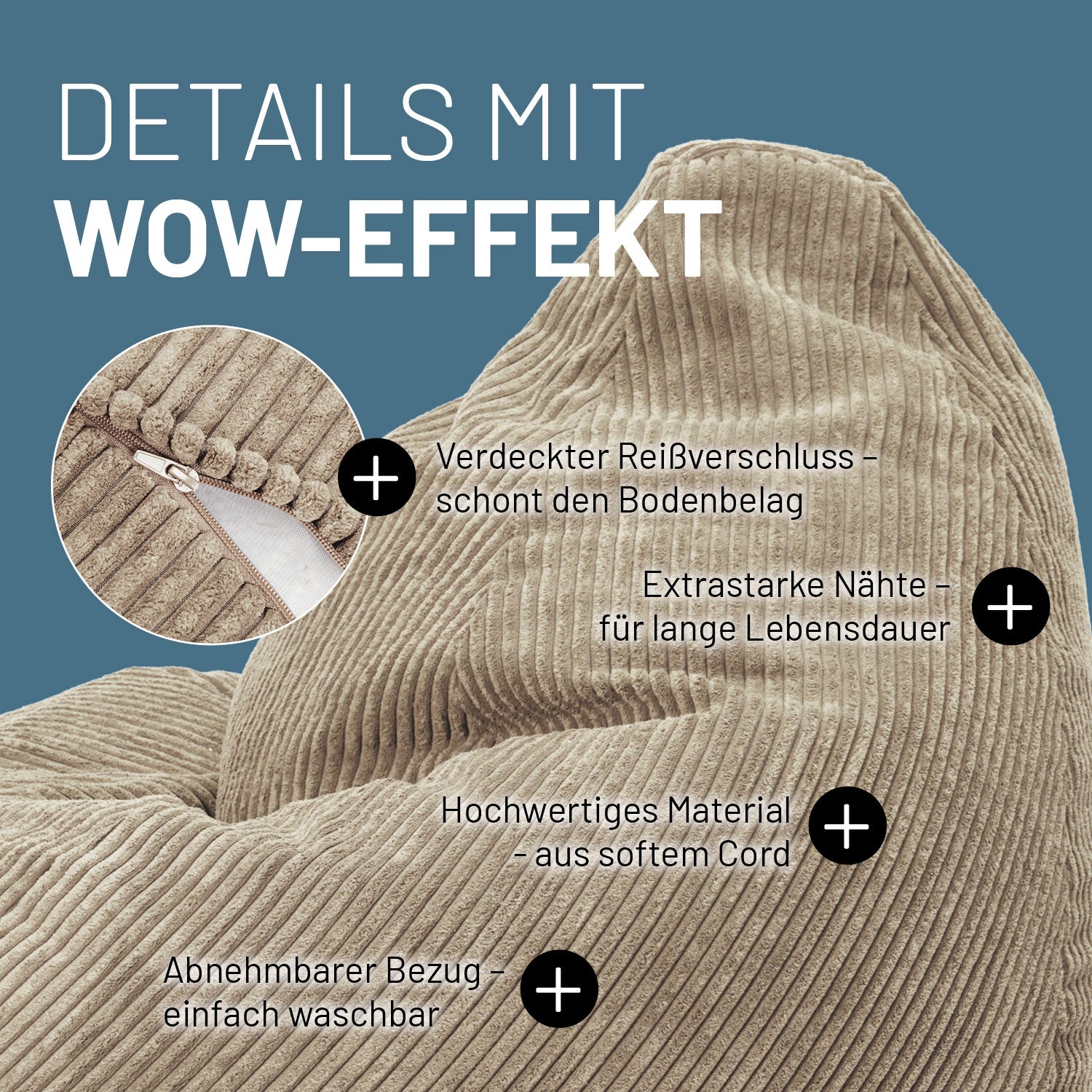 Sitzsack GIANT aus der Cord-Reihe - Beige mit verdecktem Reißverschluss, robusten Nähten, waschbarem Bezug und hochwertigem Cordmaterial.