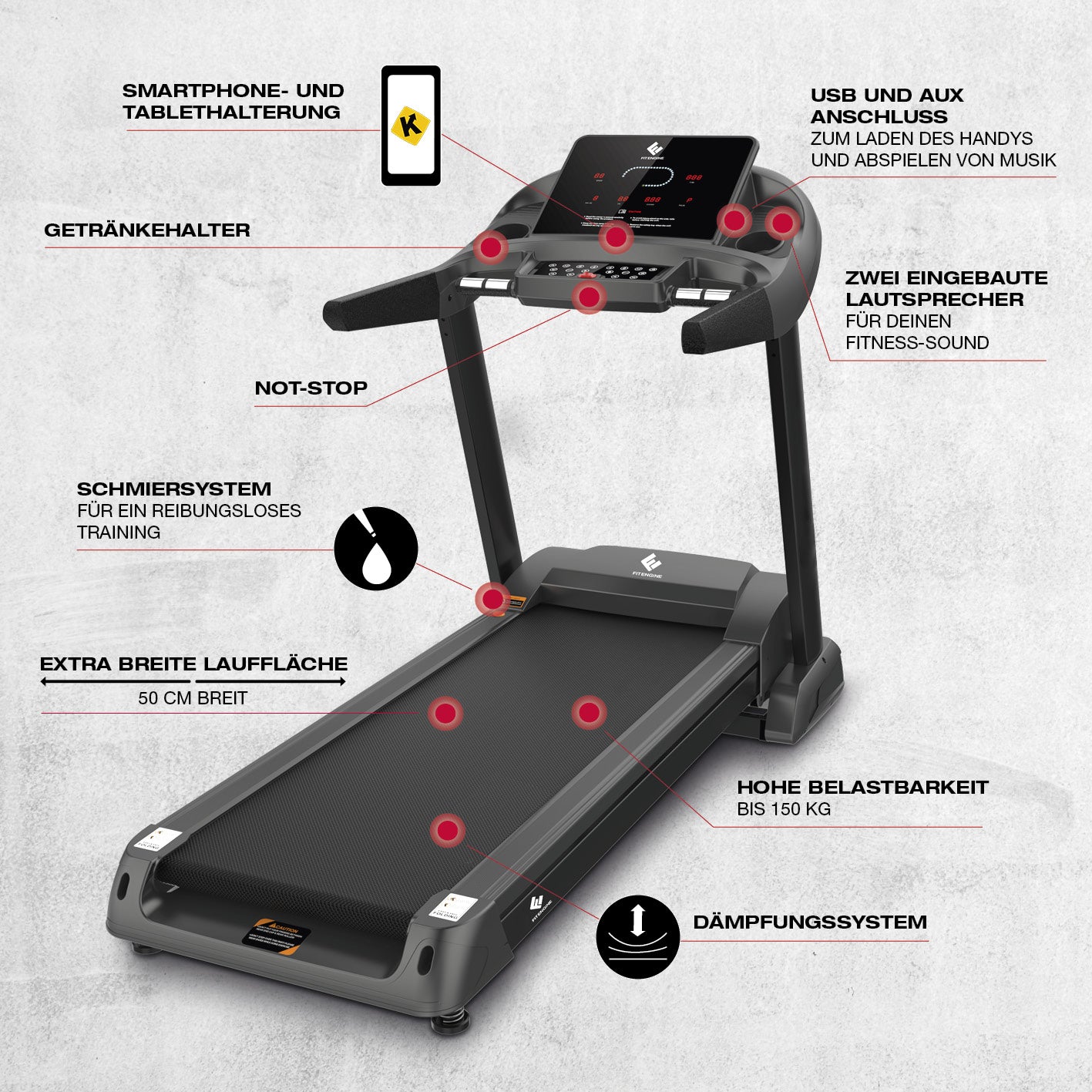 Laufband RACE18 mit 50 cm breiter Lauffläche, bis 150 kg belastbar, USB, AUX, Smartphonehalterung und Soft-Drop System.