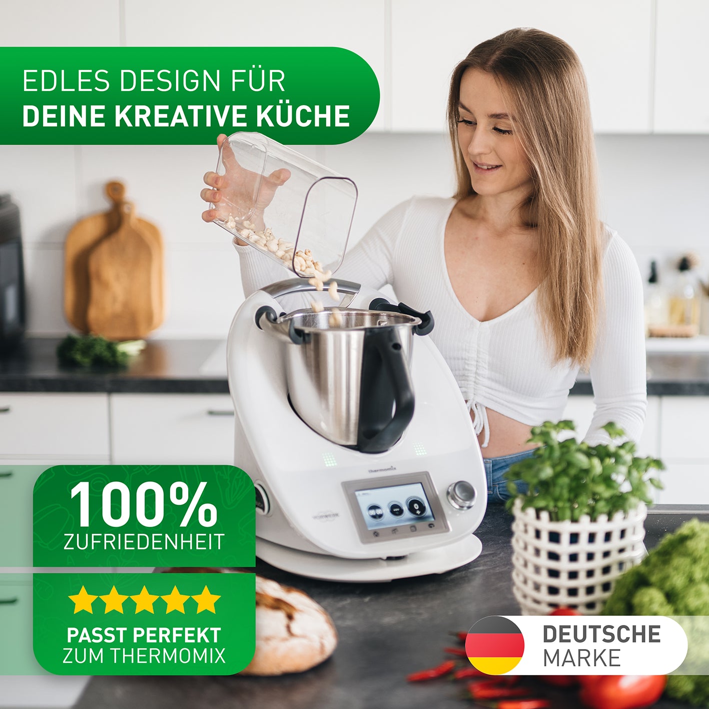 Gleitbrett für Thermomix aus robustem Mineral-Acryl, mit Teflon-Schiebern für leichtes Verschieben und elegantem, weißem Design.