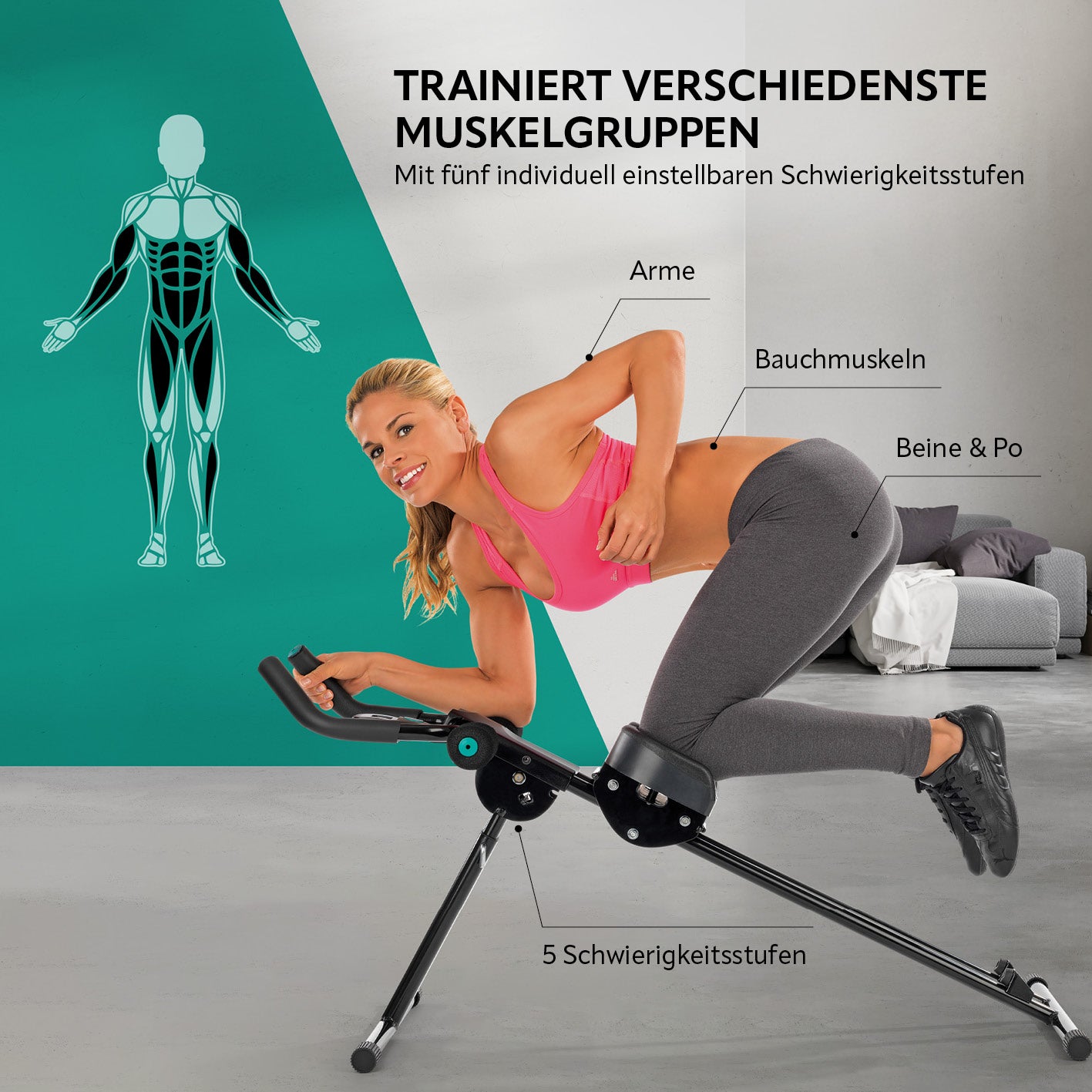 Frau trainiert Arme Bauch Beine und Po mit Trainingsgerät fitmaxx 5 mit fünf einstellbaren Schwierigkeitsstufen im Wohnraum