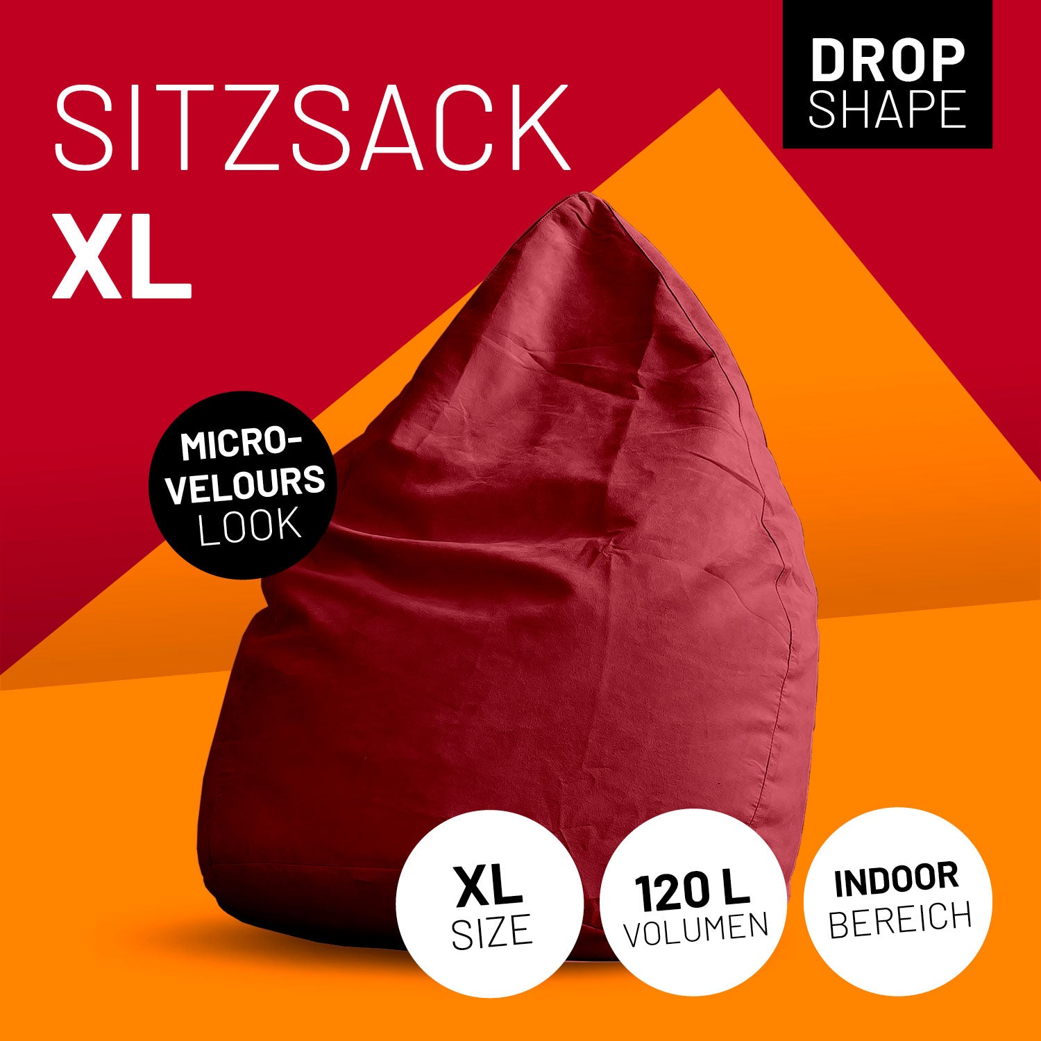 Luxury XL Sitzsack (120 L) - indoor - Rot, stylischer roter Sitzsack mit Micro-Velours Look und XL Volumen ideal für Wohnräume.