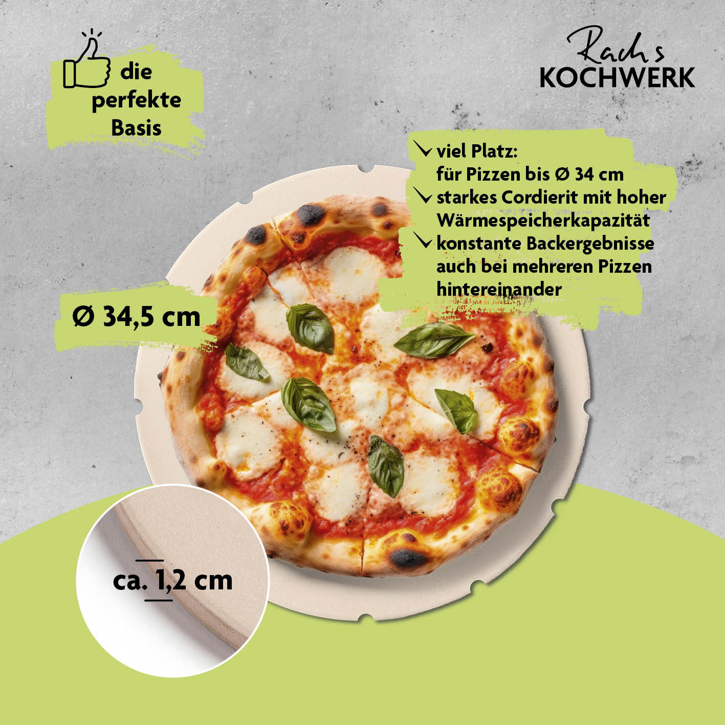 Gas-Pizzaofen für Pizzen bis zu Ø 34 cm mit starkem Cordierit-Pizzastein für knusprigen Teig und gleichmäßige Backergebnisse.