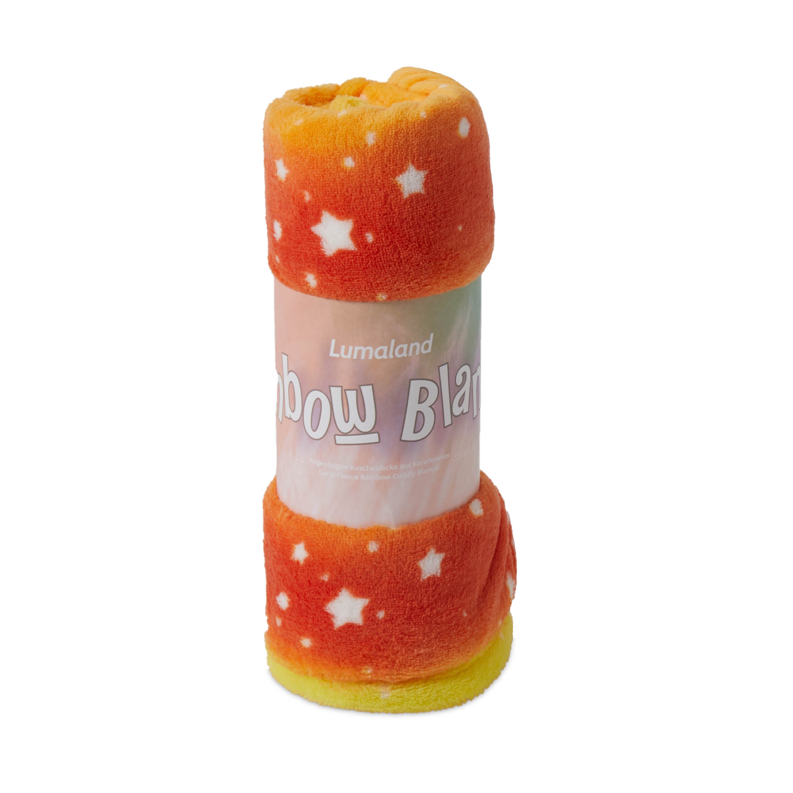 Kuscheldecke für Kinder - 100 x 150 cm - Orange Star aus weichem Coral-Fleece mit buntem Stern-Muster, ideal für gemütliche Abende.