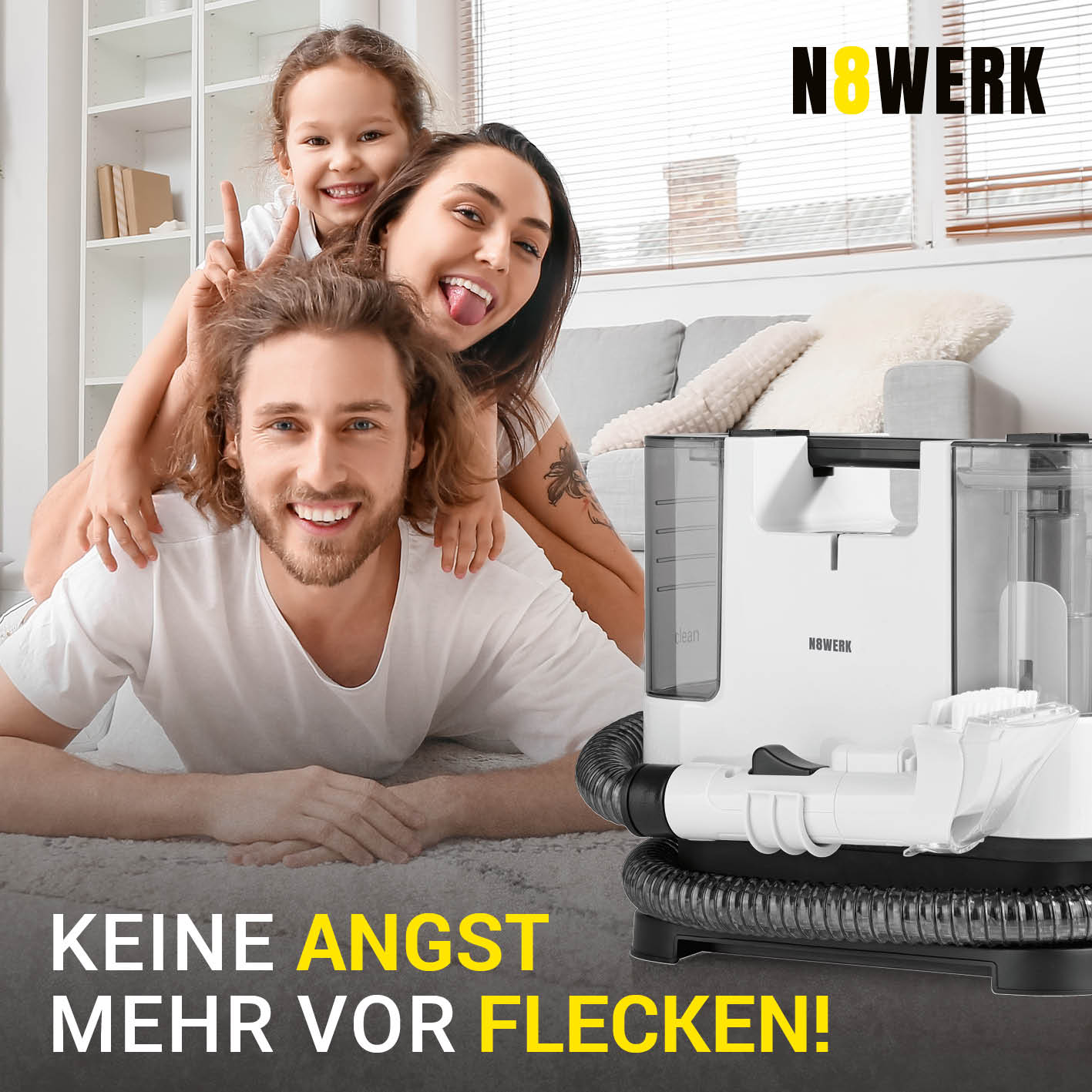 Polster- & Teppichreiniger Nasssauger mit Sprühfunktion, flexibler Schlauch, leise, kraftvoll, entfernt Flecken wie Rotwein effektiv.