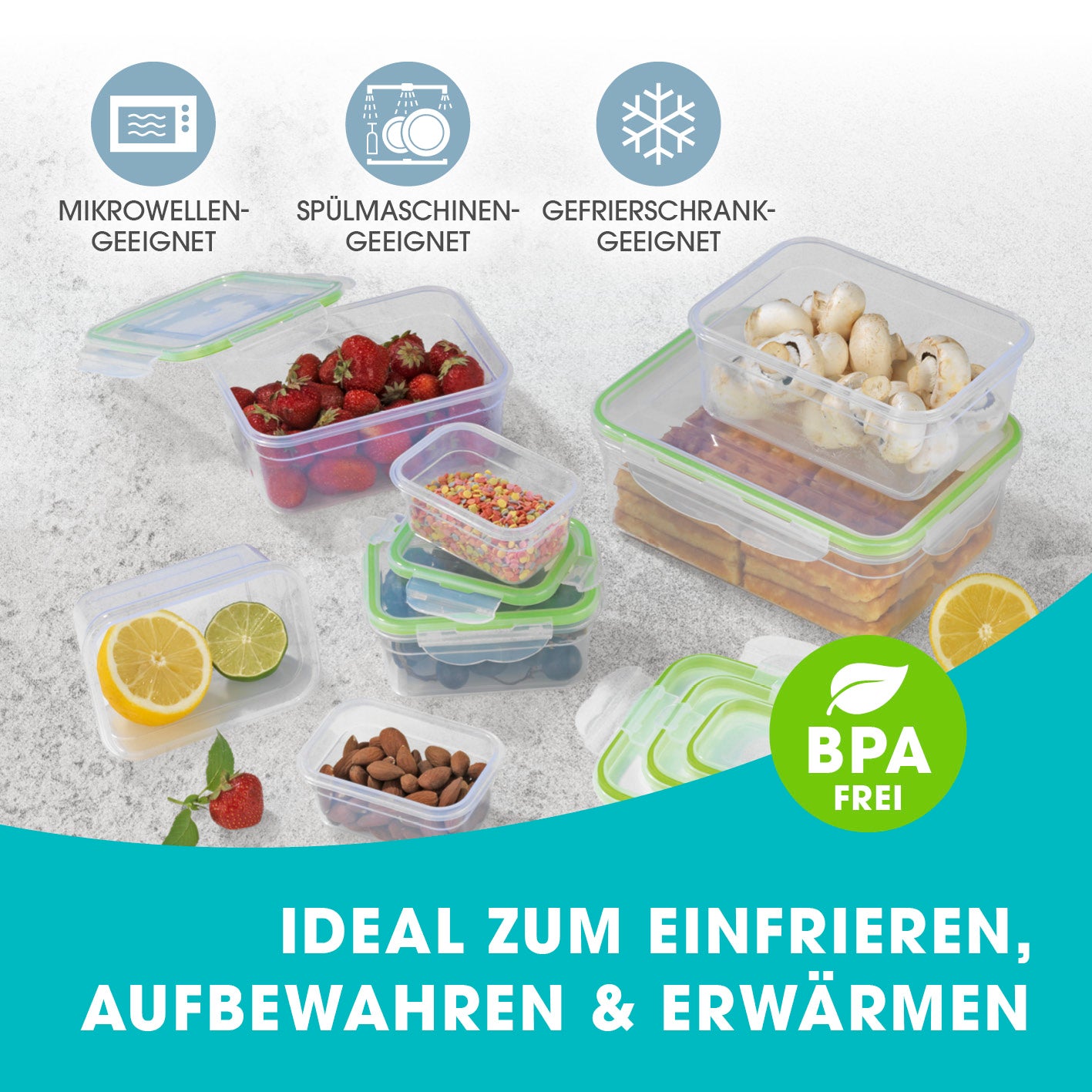 Frischhaltedosen Klick-it - 56-tlg. transparent, mikrowellen-, spülmaschinen- und gefrierschrankgeeignet, BPA-frei, aromafrisch mit Klickverschluss.