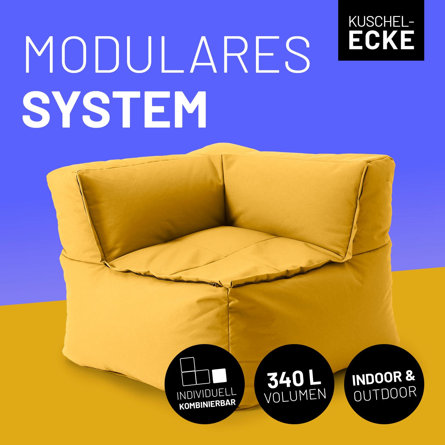 Sitzsack-Sofa Ecke (340 L) - Modulares System in Senfgelb, indoor & outdoor, extrastark und mit pflegeleichtem Bezug.