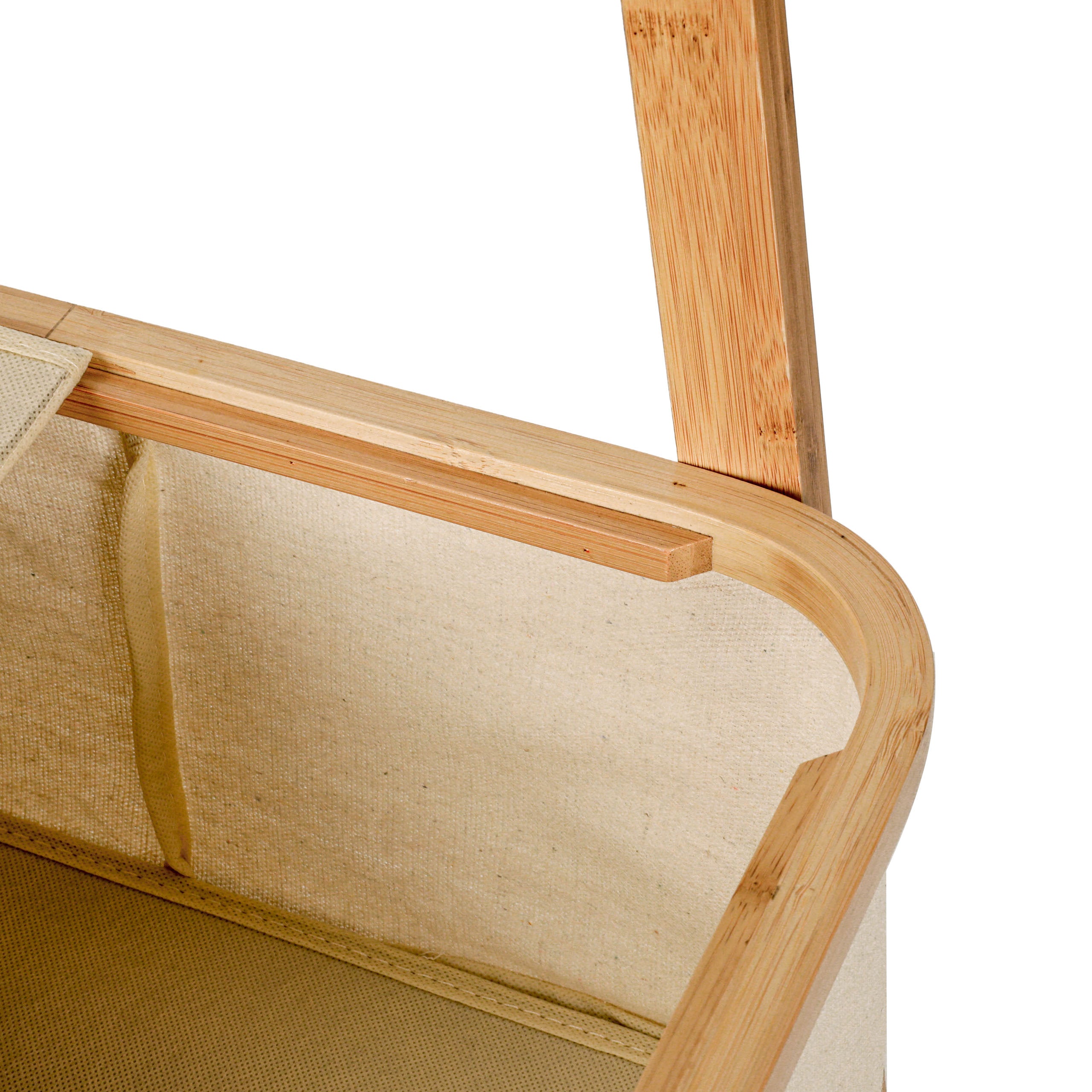 Kleiderständer aus Bambus - 159 x 60 x 45 cm in Beige mit stabilem Rahmen und integriertem Ablagefach für Jacken und Schuhe.