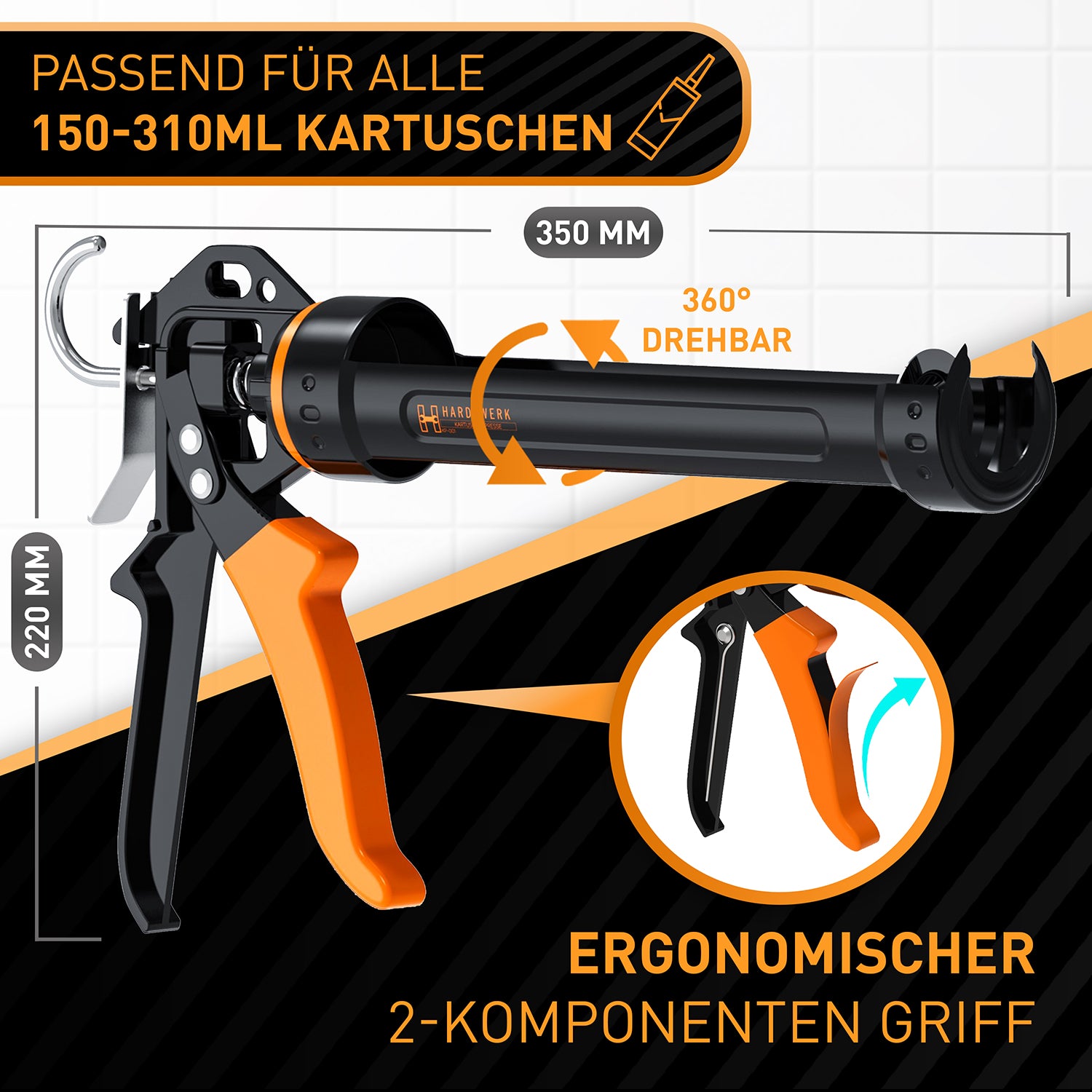 Profi Kartuschenpresse mit Kartuschen-Cutter, 360° drehbar, ergonomischer 2-Komponenten Griff, passend für 150-310ml Kartuschen.
