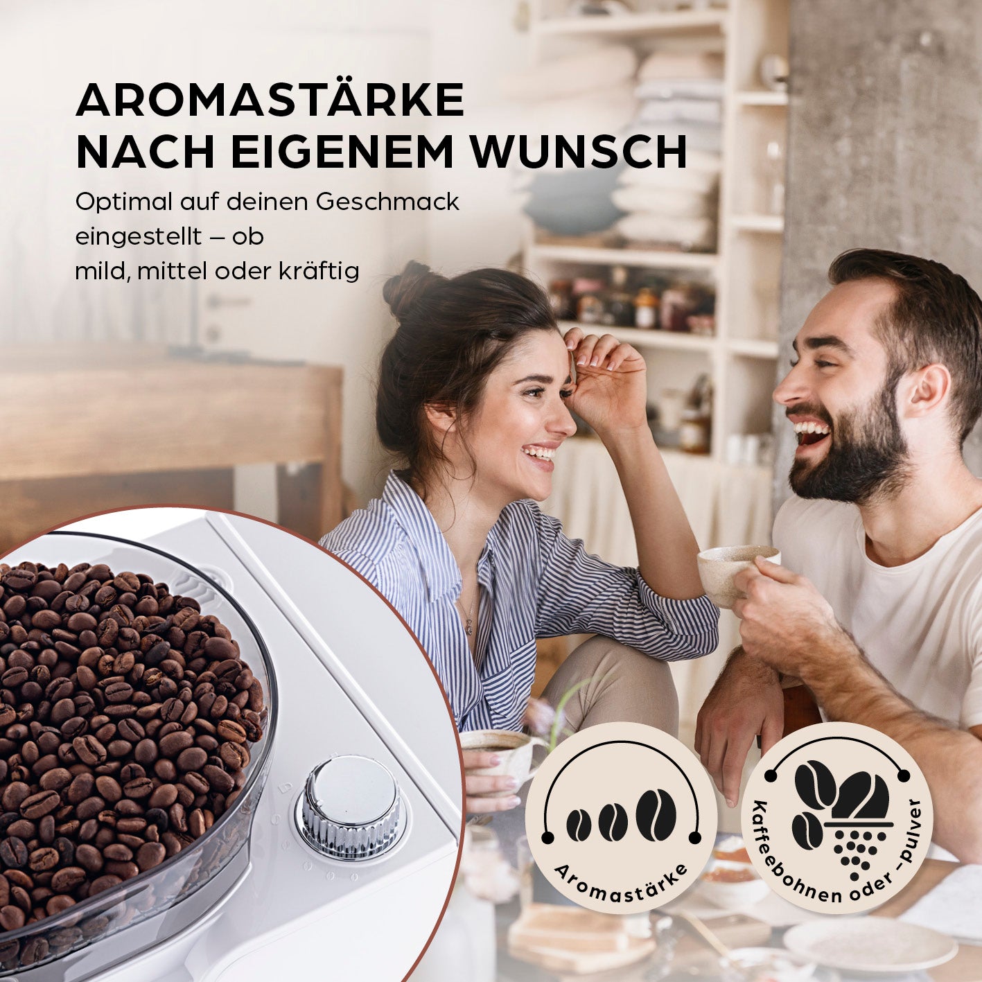 Filterkaffeemaschine Touch Iso mit Mahlwerk - Weiß mit individueller Aromastärke und Wahl zwischen Kaffeebohnen oder Pulver.