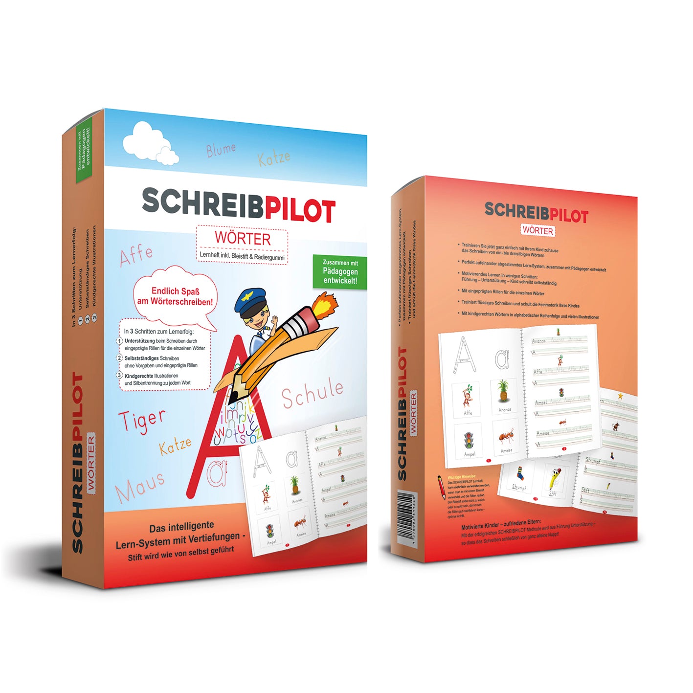 Heft Wörter mit Bleistift/Radiergummi - DIN-A4 mit Lernsystem zum Schreibenlernen und feinmotorischem Training für Kinder zu Hause.