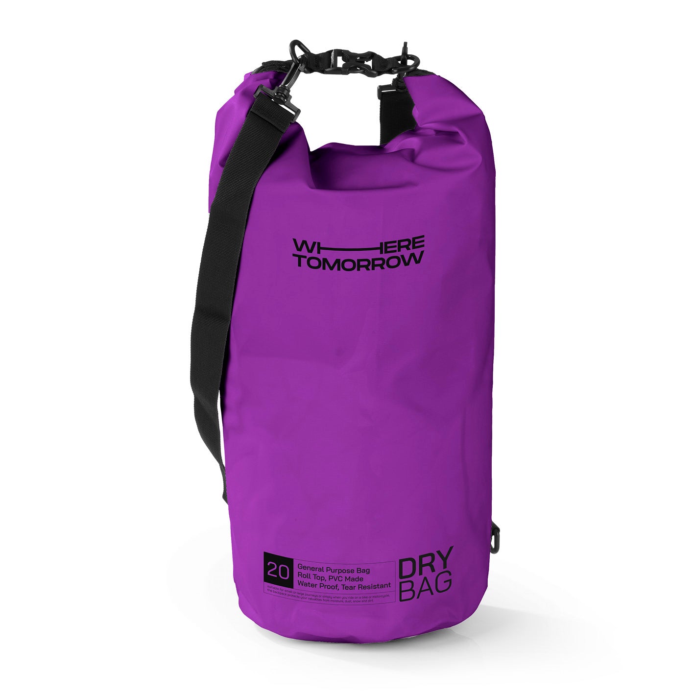 Dry Bag 20L - Style 01 - Lila, wasserfester, robuster Outdoor-Rucksack mit verstellbarem Schultergurt und Rolltop-Verschluss.