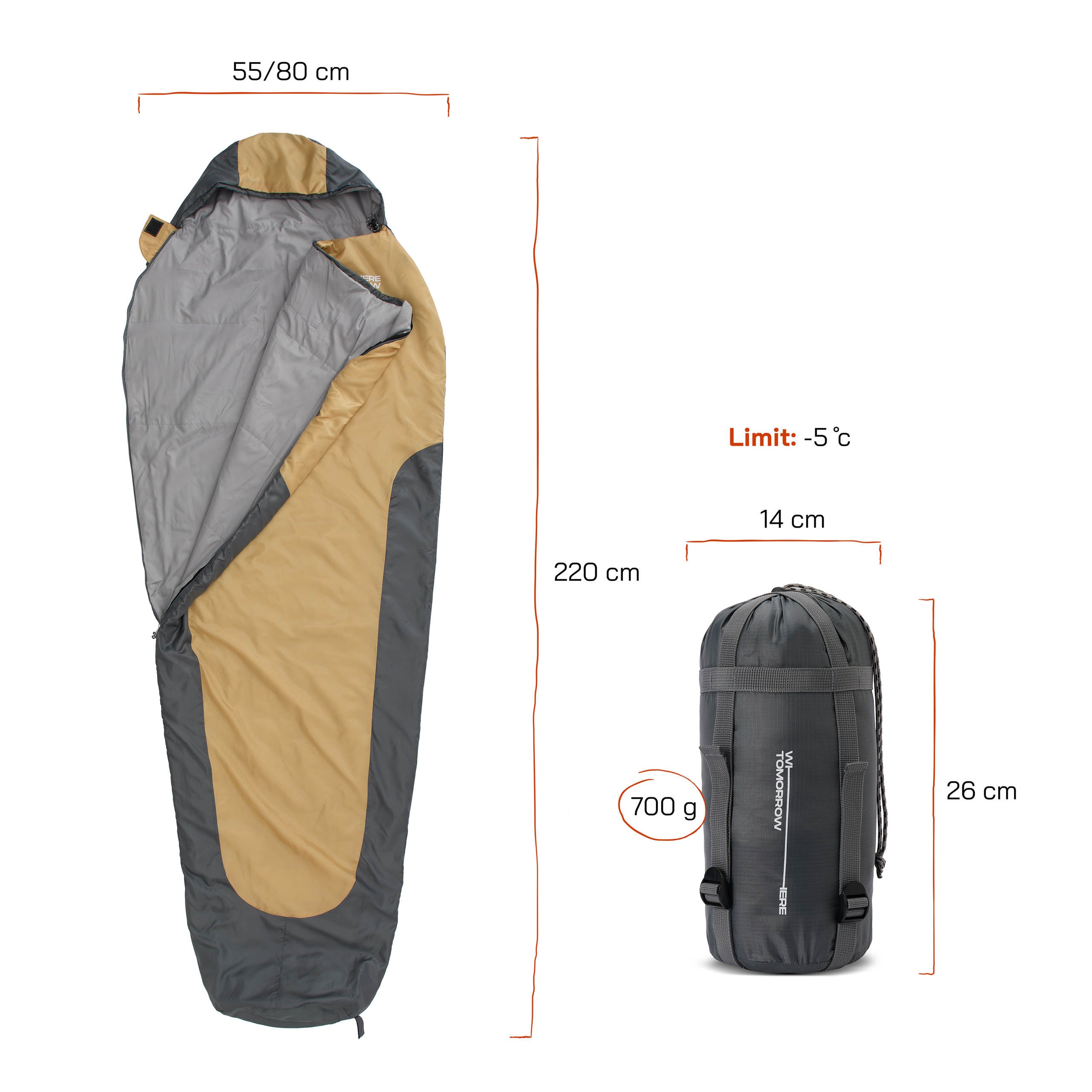 Camping Schlafsack Small & Light in Curry-Grau, Mumienschlafsack 220x80x50 cm, wasserabweisend, bis -5°C, mit Packsack und Kissenfach.