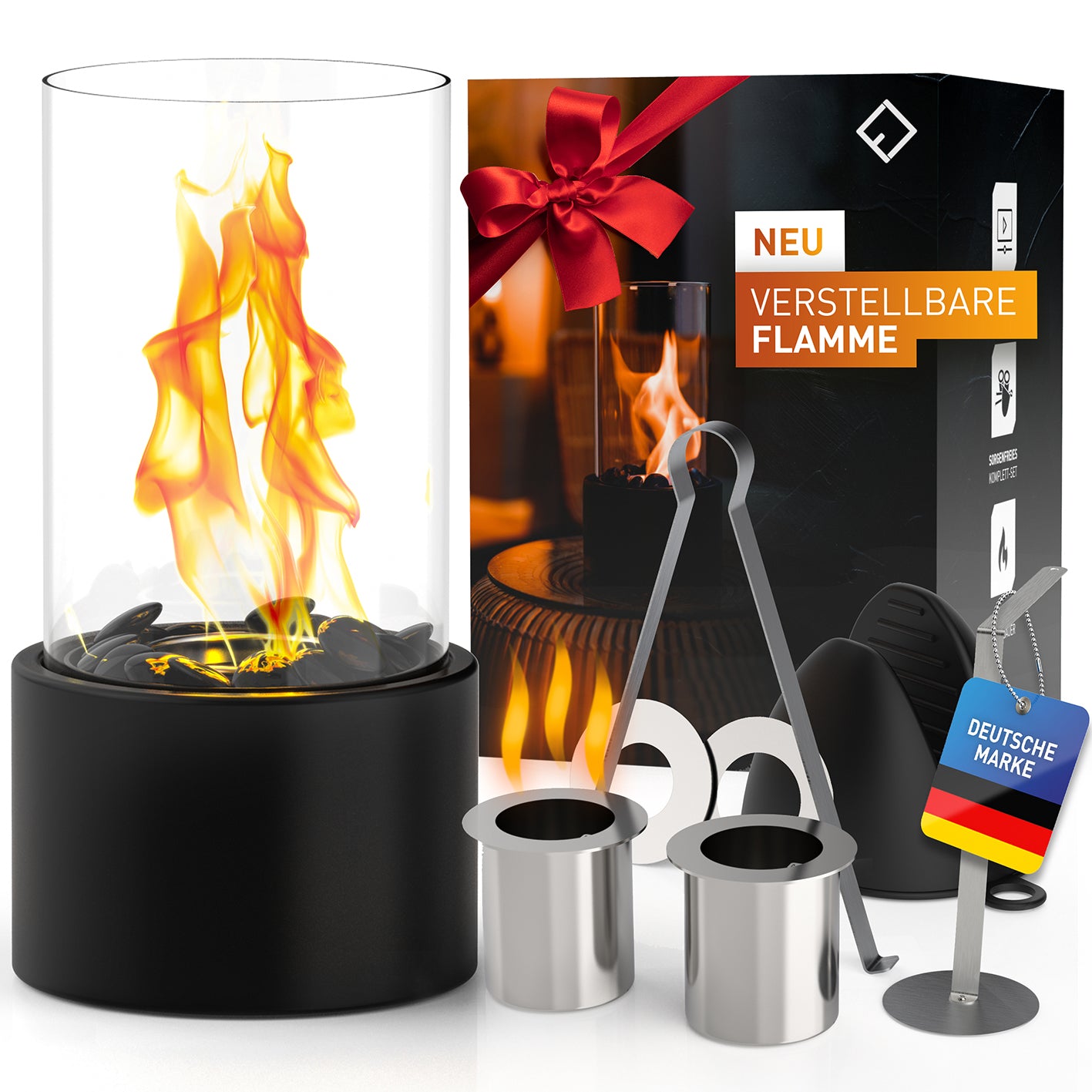 Indoor-Tischkamin - Schwarz, kompakter Ethanol-Tischkamin mit verstellbarer Flamme für gemütliche Wärme im Wohnzimmer oder auf dem Balkon.