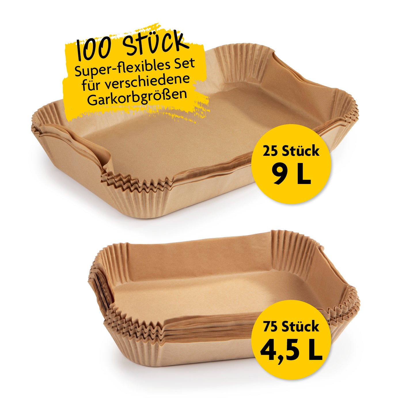 Backpapierschalen für Heißluftfritteusen 2er-Set (4,5 & 9 Liter) mit 2 Rezeptideen, hitzebeständig, antihaftbeschichtet, 100 Stück.