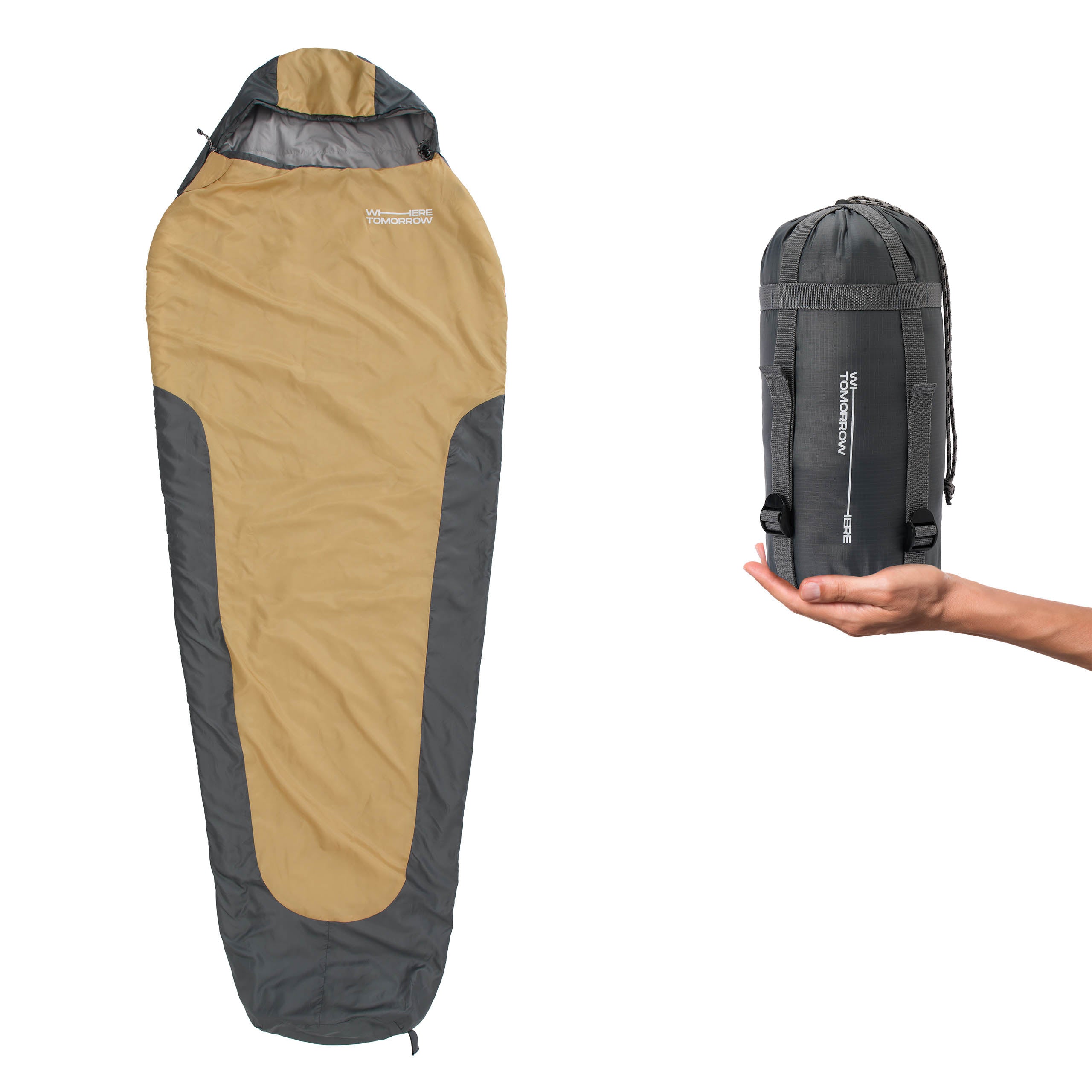 Camping Schlafsack Small & Light Mumienschlafsack Curry-Grau mit wasserabweisendem Material und praktischem Packsack.