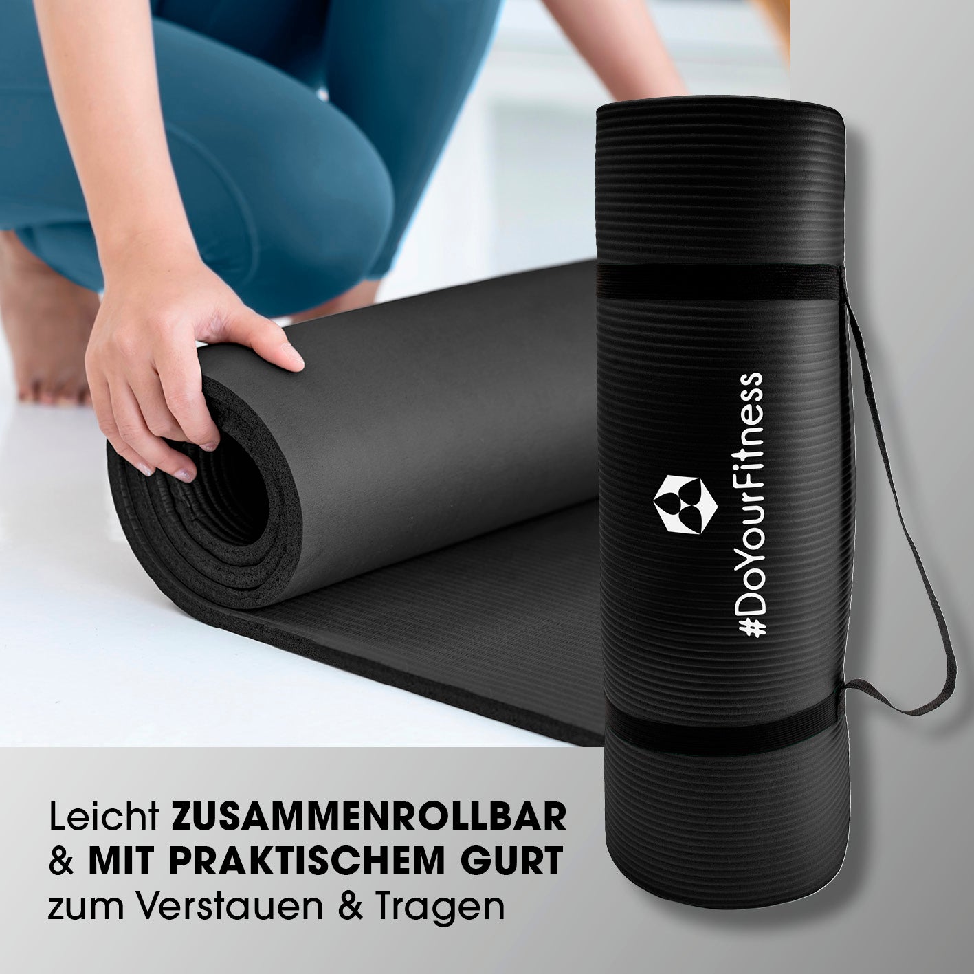 Fitness- und Gymnastikmatte - 183 x 61 x 1,5 cm - Schwarz, leicht zusammenrollbar mit praktischem Tragegurt für einfachen Transport.