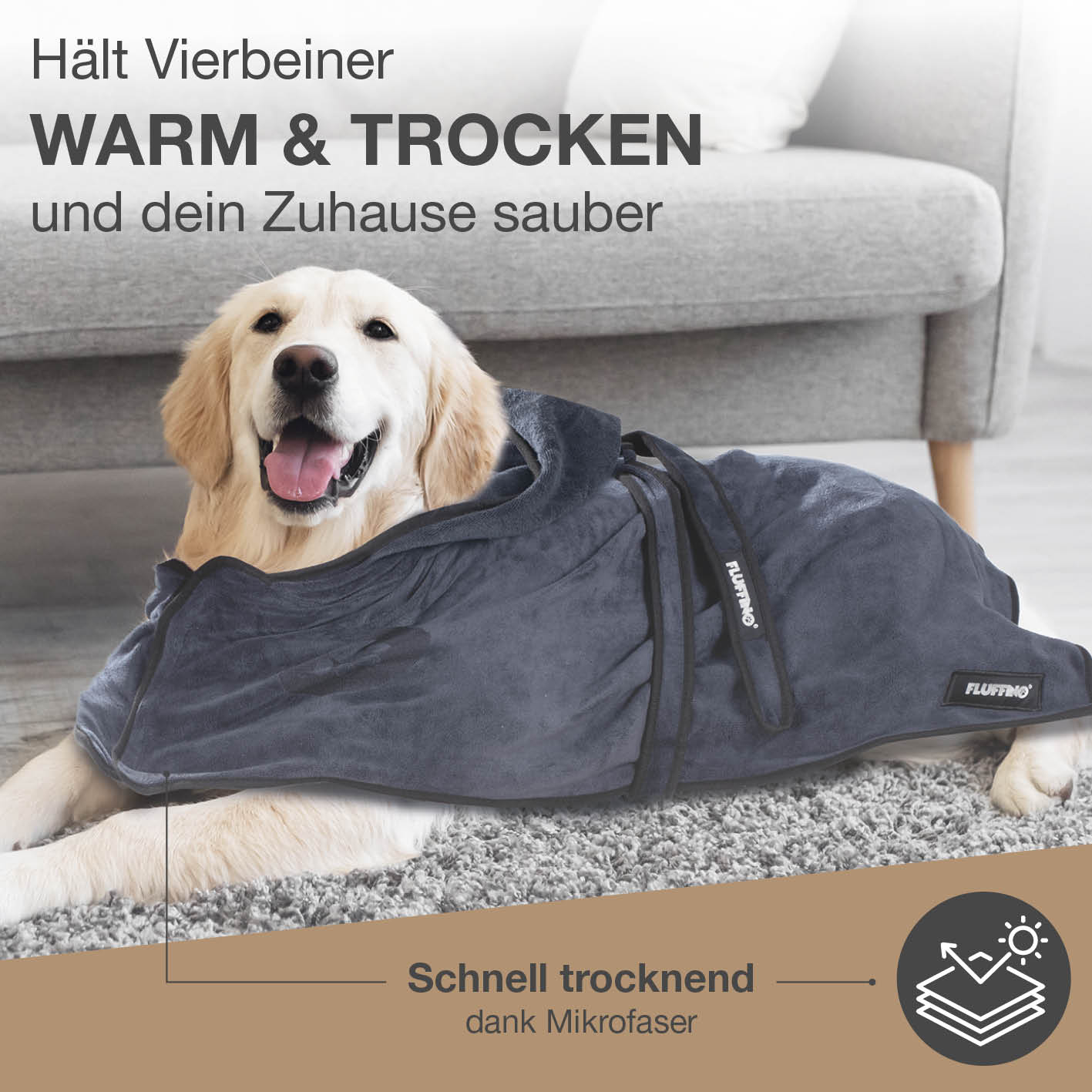 Hundebademantel - Größe M - beige/blau, saugfähig, schnell trocknend, mit Kapuze und Klettverschluss für mittlere Hunde, Marke FLUFFINO.