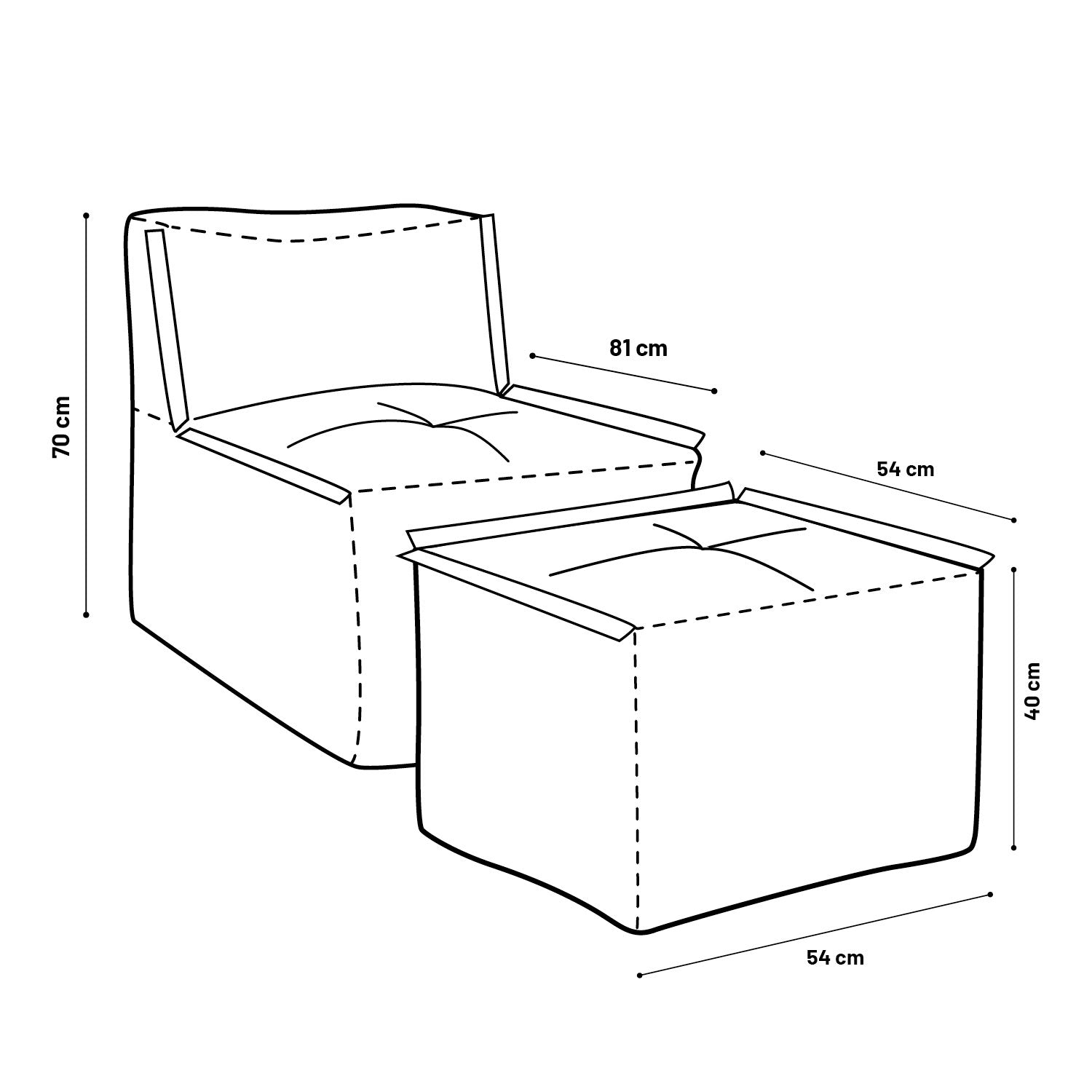 Modulares Lounge Set (2-tlg.) - Navyblau, 2-teiliges indoor & outdoor Sitz- und Fußteil mit Maßen und Bezugsskizze.