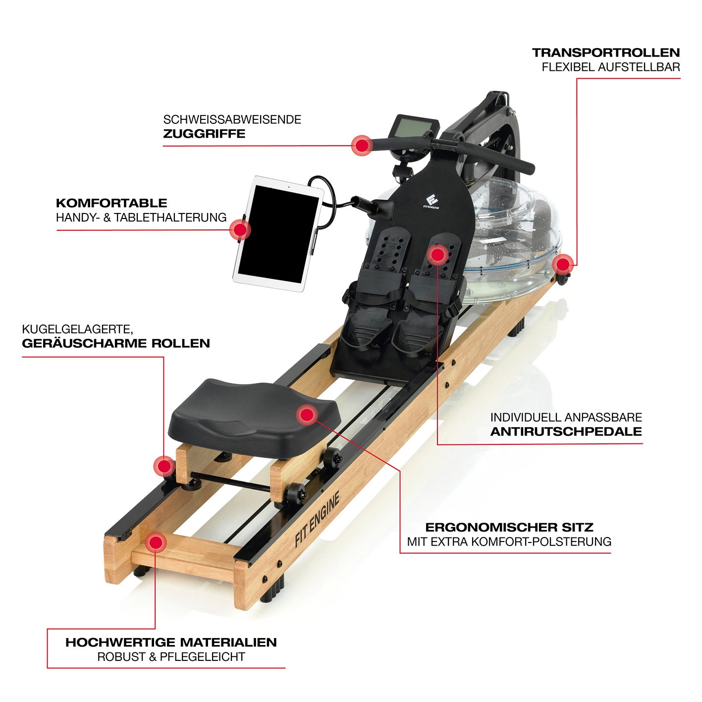 Wasser-Rudergerät Smart mit ergonomischem Sitz, rutschfesten Pedalen, Transportrollen und komfortabler Handyhalterung für realistisches Training.