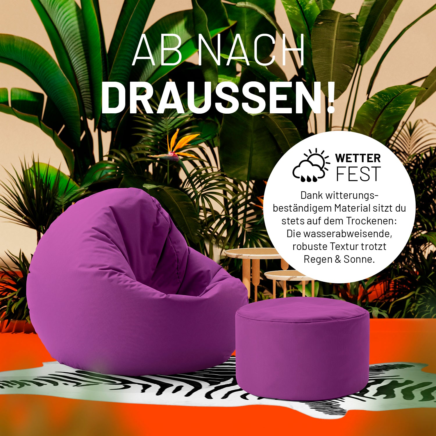 Sitzsack-Hocker/Pouf (50 L) Lila, wetterfest, multifunktional für indoor & outdoor, leicht zu transportieren und pflegeleicht.
