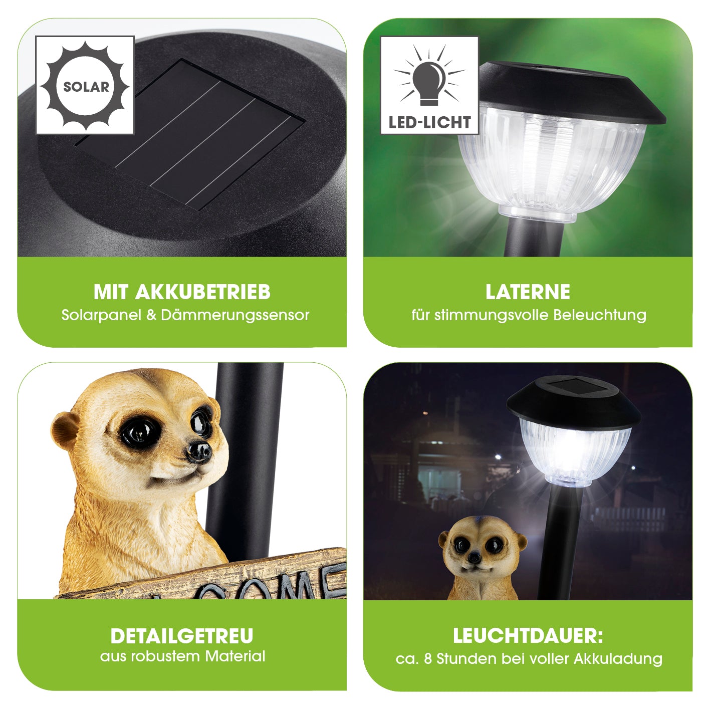 Solarleuchte Erdmännchen mit Laterne/Schild, detailgetreu, solarbetrieben, LED-Licht, mit Dämmerungssensor und Akku für bis zu 8 Stunden Licht.