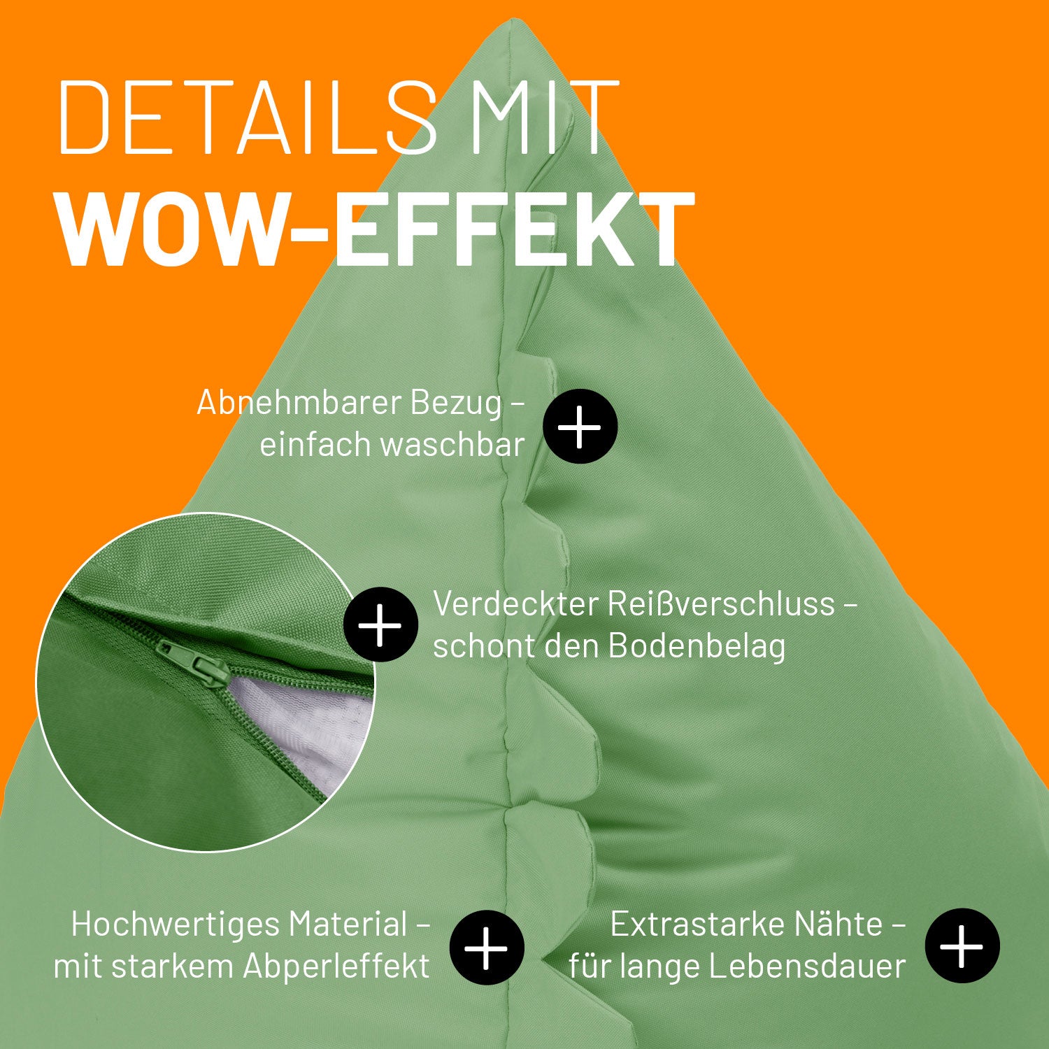 Kindersitzsack Animal Line Monster (180 L) in Pastell Grün mit abnehmbarem Bezug, verdecktem Reißverschluss und wasserabweisendem Material.