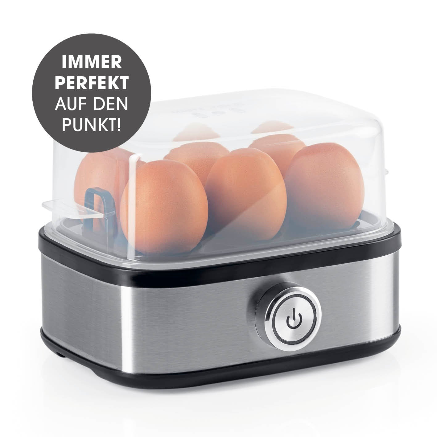Design-Eierkocher für 6 Eier mit Edelstahlgehäuse, transparenter Abdeckung und Wasser-Messbecher für perfekte Eier in 3 Härtegraden.