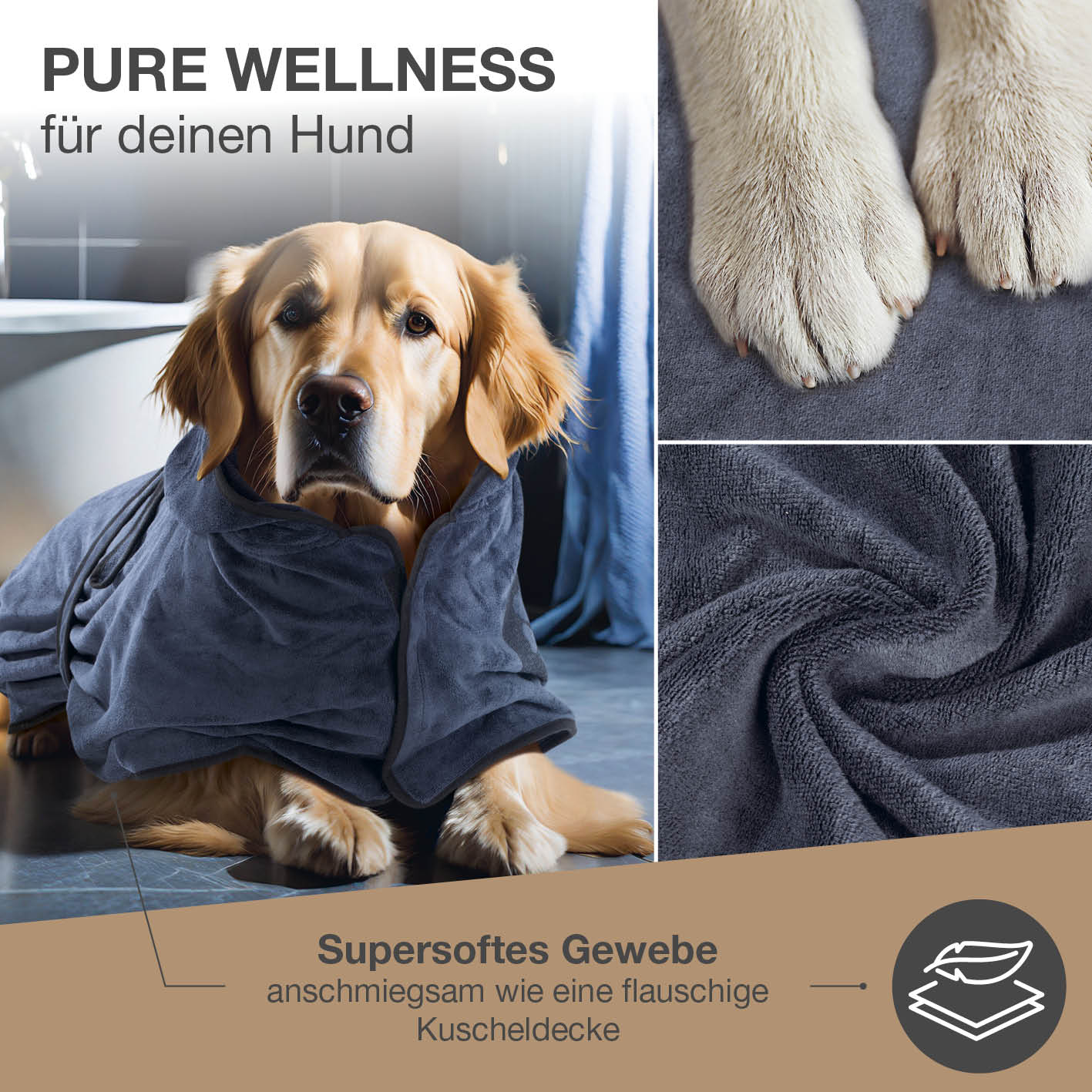 Hundebademantel - Größe M - beige/blau aus supersoftem, saugfähigem Gewebe, schnell trocknend und pflegeleicht für mittlere Hunde.