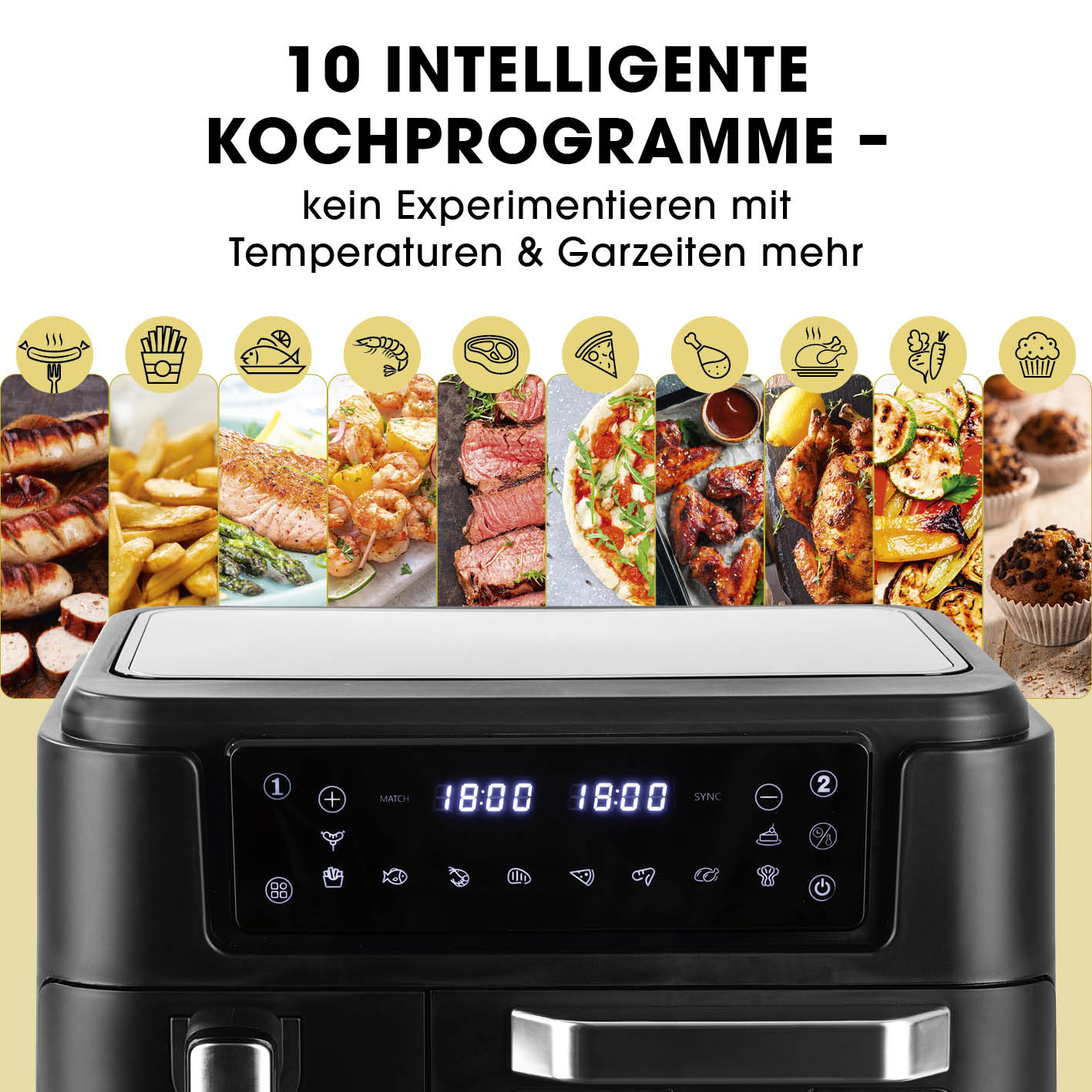 4-in-1-Heißluftfritteuse mit 10 intelligenten Kochprogrammen, Touchdisplay und synchronisierten Garzonen für vielseitiges Kochen.