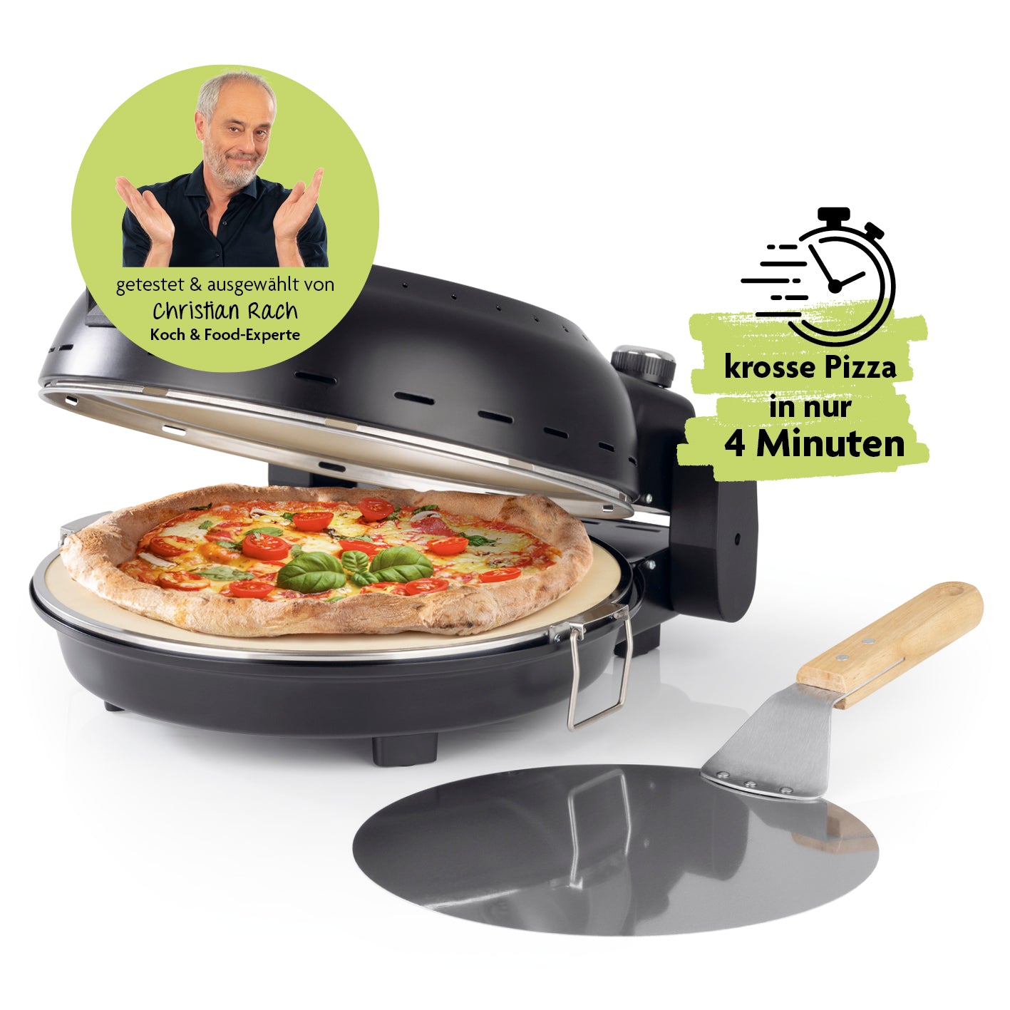 Pizza Maker inkl. herausnehmbarem Pizzastein & Pizza-Heber für knusprige Pizza in nur 4 Minuten, getestet von Food-Experte Christian Rach.