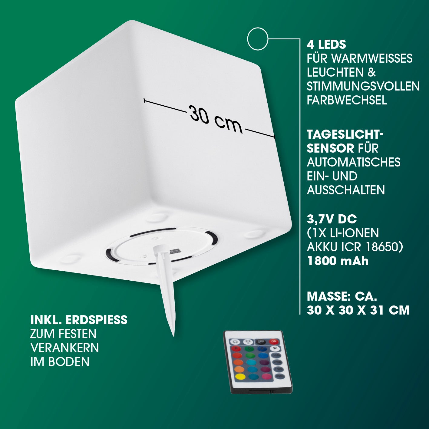 Solar-Leuchte Dekowürfel mit 4 LEDs, Farbwechsel, Tageslichtsensor und Erdspieß, ideal für stimmungsvolle Außenbeleuchtung.