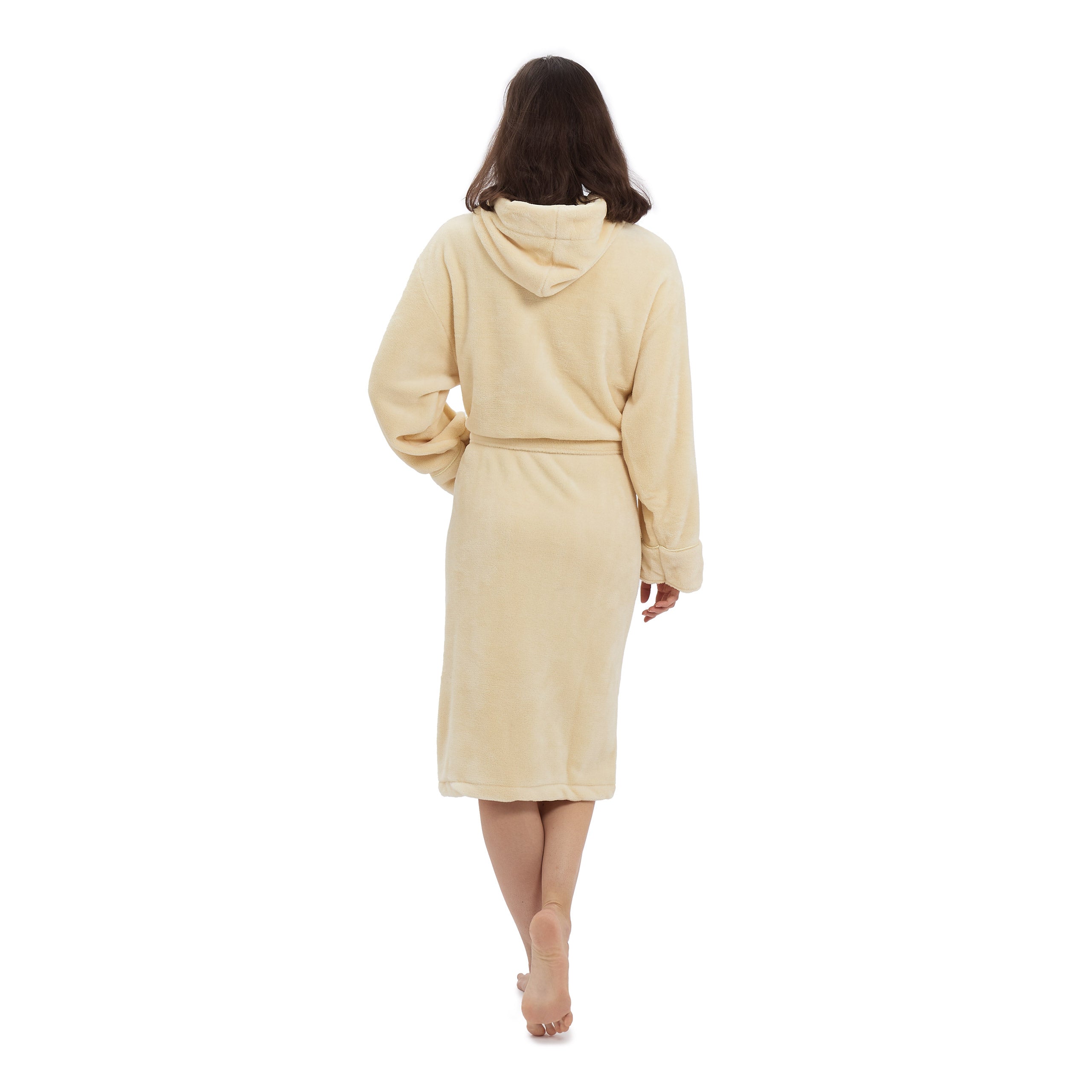 Luxury Mikrofaser Bademantel mit Kapuze für Damen und Herren in Creme, Größe S, flauschig, bequem und schnelltrocknend.