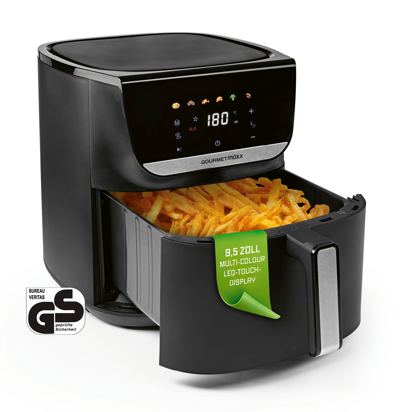Heißluftfritteuse - 7,5 Liter mit 9,5 Zoll LED-Touchdisplay, fettarm, 1700 Watt, vielseitige Funktionen für knusprige Gerichte.