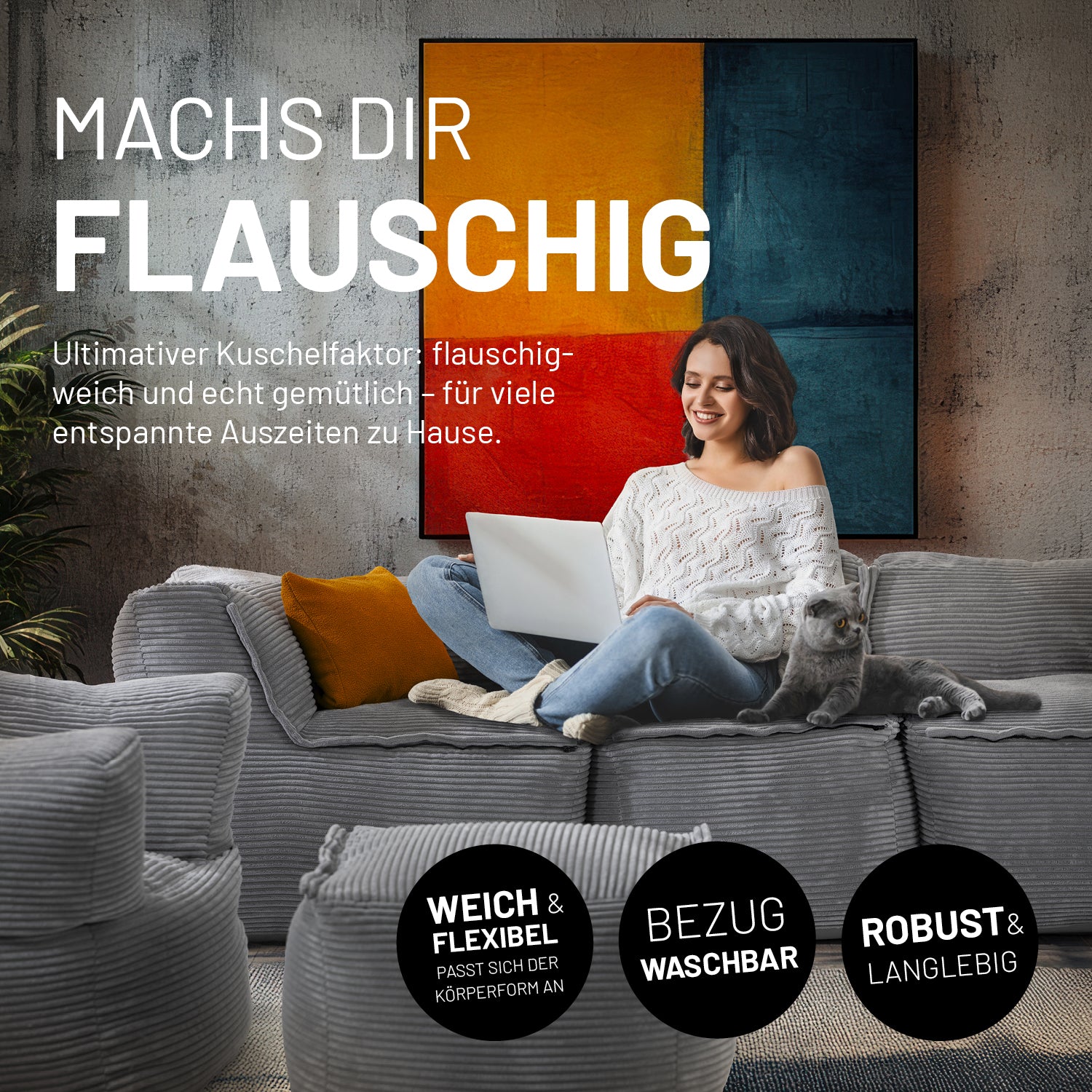 Modulares Basic Set (5-tlg.) aus der Cord-Reihe - Grau mit weichem Bezug, robustem Boden und flexiblem Komfort für modernes Wohnen.