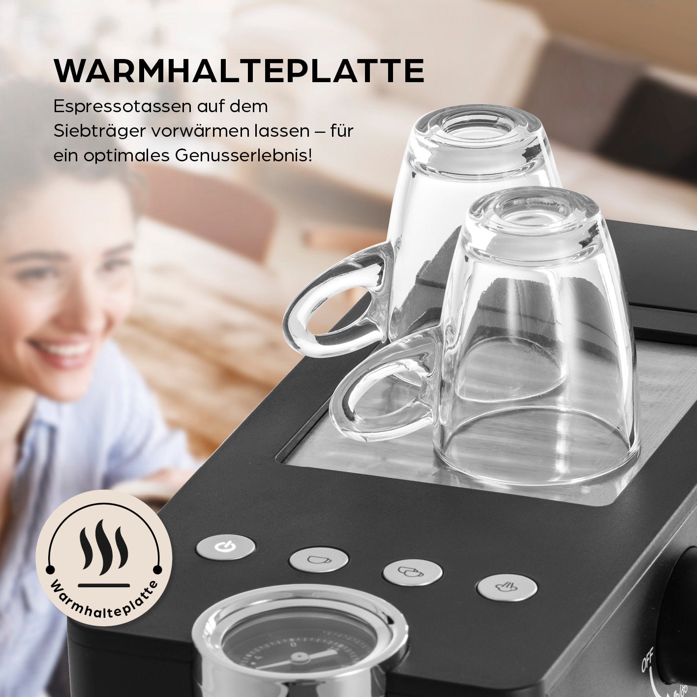 Siebträgermaschine Espresso Slim - 20 bar mit Warmhalteplatte zum Vorwärmen von Espressotassen für besten Kaffeegenuss