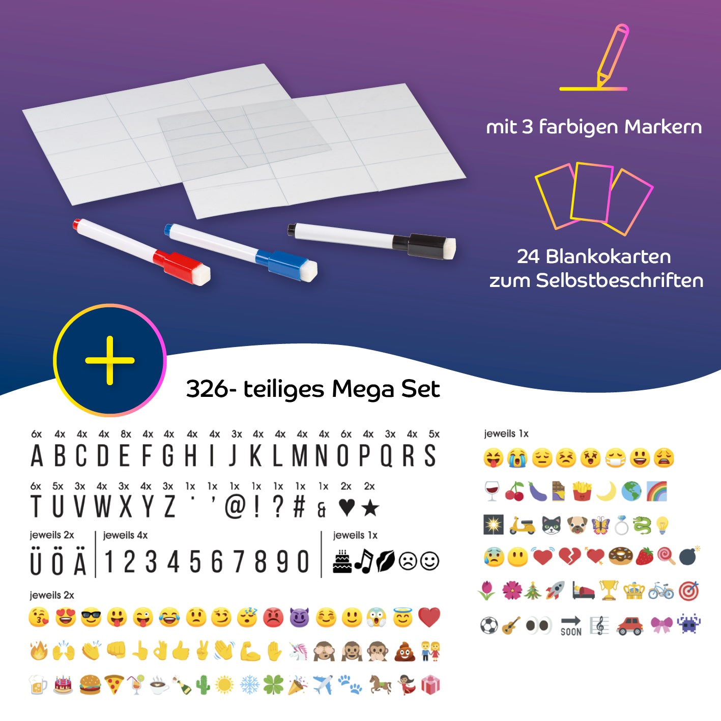 LED-Leuchtkasten A4 mit 173 Buchstaben, Zahlen & Symbolen, 150 bunten Mood Pics, 3 Markern & 24 Blankokarten zum Selbstbeschriften.