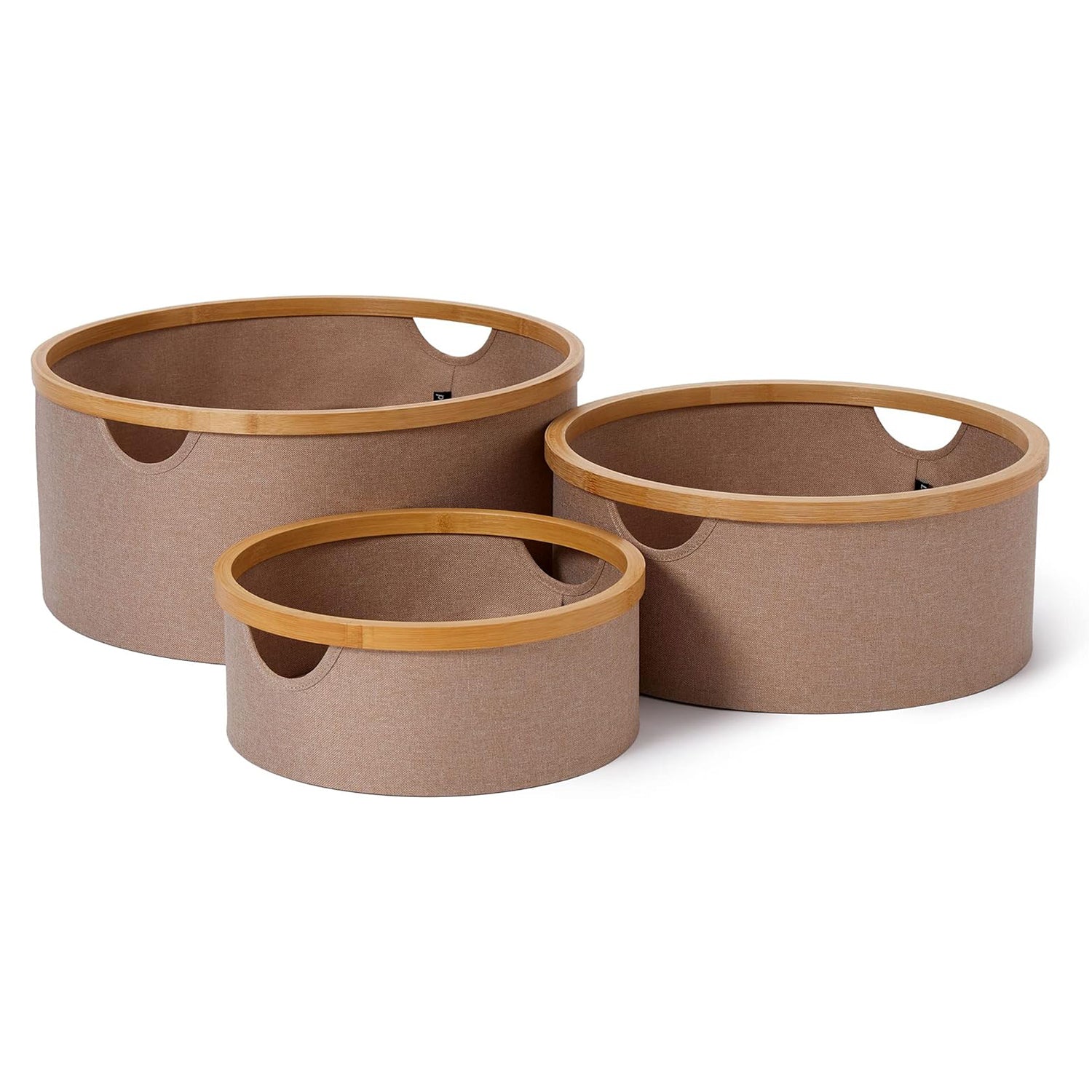 Bambus-Rahmen Aufbewahrungsbox rund - 3er-Set Taupe, stapelbare runde Boxen mit Bambusrahmen in drei Größen von Lumaland.