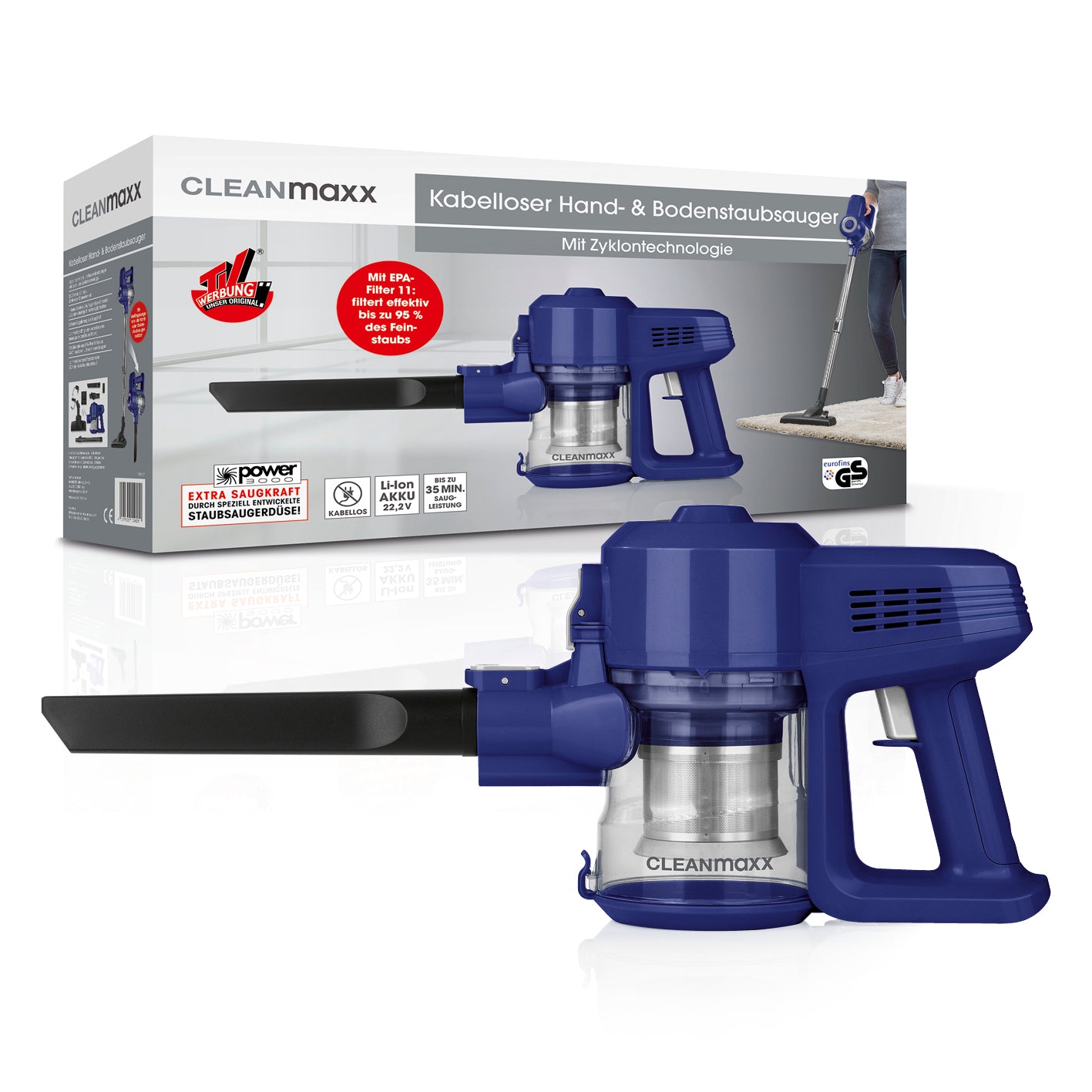 Akku-Zyklon-Staubsauger - blau/silber, kabelloser Hand- und Bodenstaubsauger mit Zyklontechnologie und Fugendüse.