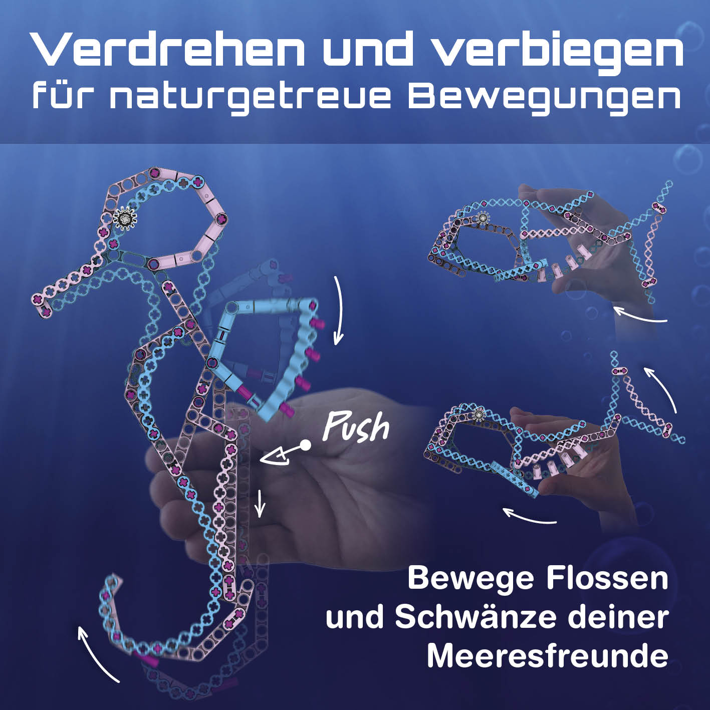 Baustein-Set Seepferdchen zeigt biegsame Bausteine für naturgetreue Bewegungen von Flossen und Schwänzen unter Wasser.