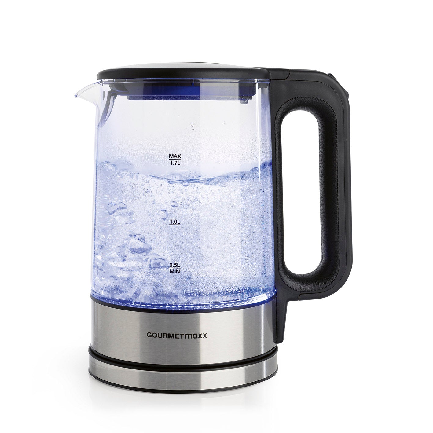 Glas-Wasserkocher LED 1,7l - Edelstahl/schwarz mit Wasserstandsanzeige, kabellosem Behälter und 360° drehbarem Sockel.
