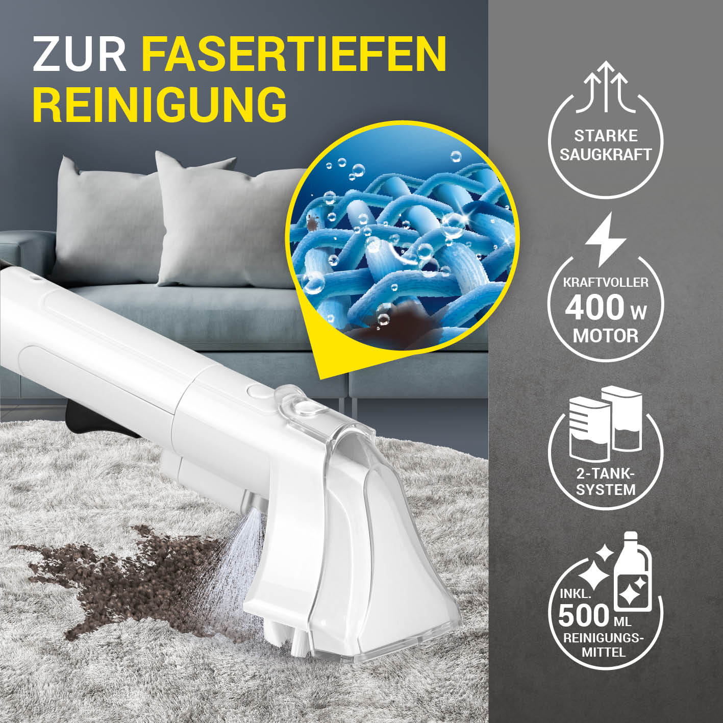 Polster- & Teppichreiniger mit Sprühfunktion, 2-Tank-System und 400W Motor für fasertiefe Reinigung von Teppichen und Polstern.
