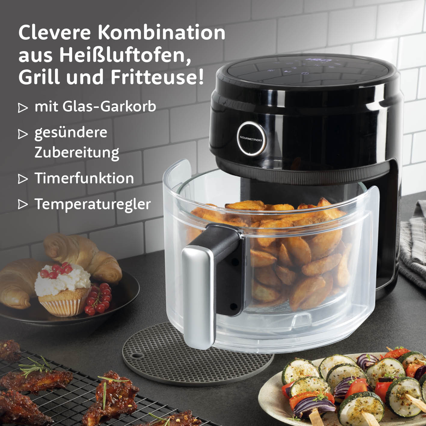 Heißluft-Fritteuse Digital mit Glas-Garkorb - 3,3 l - schwarz mit Timerfunktion und Temperaturregler für gesunde Zubereitung.