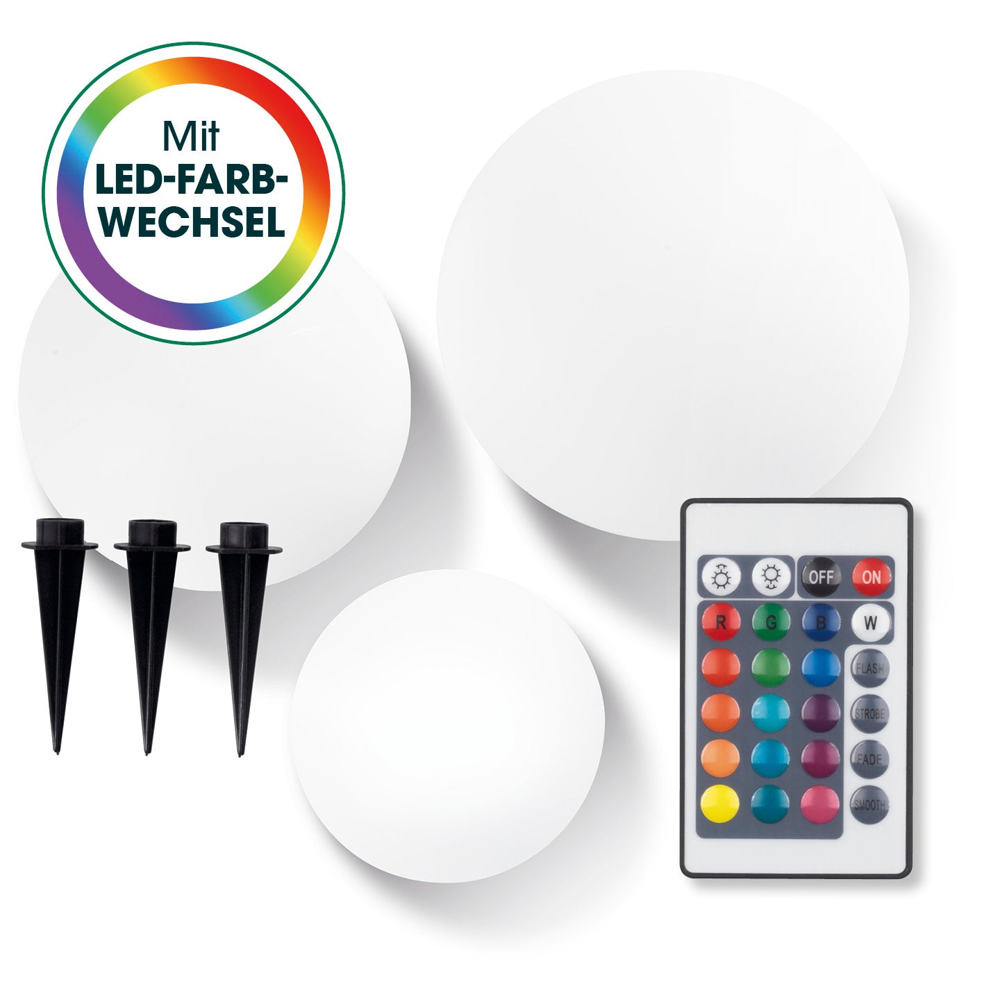 Solar-Dekokugel mit Farbwechsel - 4er-Set mit drei Größen, Fernbedienung und Erdspießen für stimmungsvolles LED-Licht im Garten.