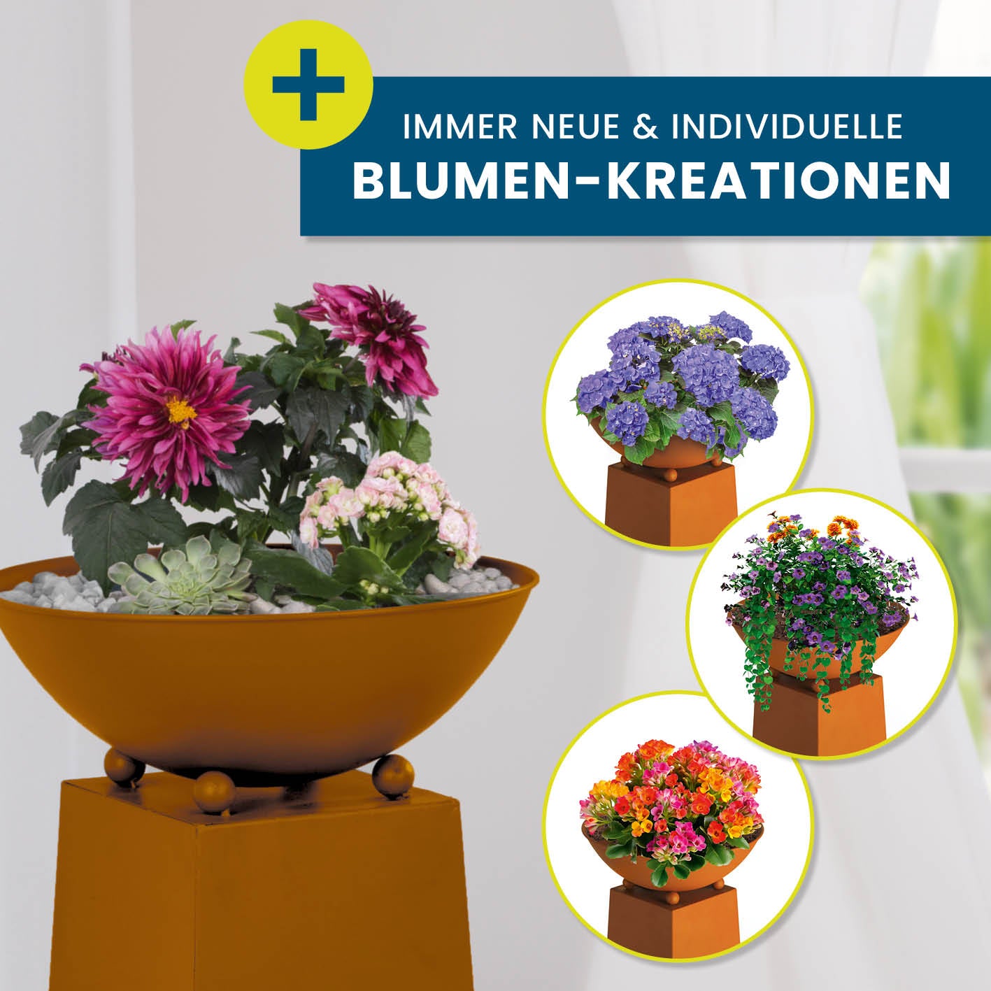 LED Pflanzsäule in Rost-Optik mit abnehmbarer Pflanzschale und vielseitigen Bepflanzungsmöglichkeiten, ideal für Garten und Terrasse.